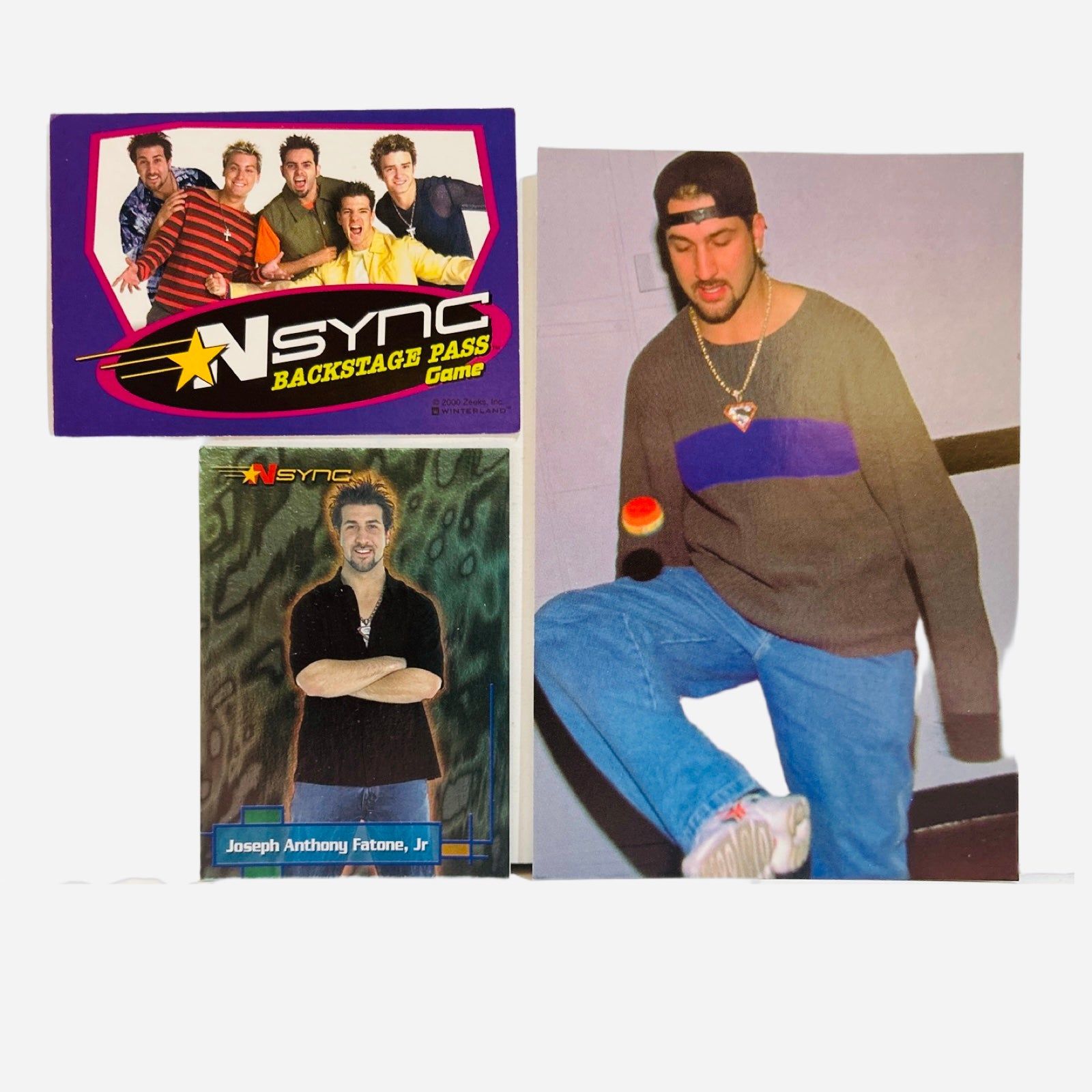 NSYNC 3-Piece Set – Joey Fatone 4x6 Photo Stairs Superman Necklace, Backstage Pass, Trading Card #5 2000