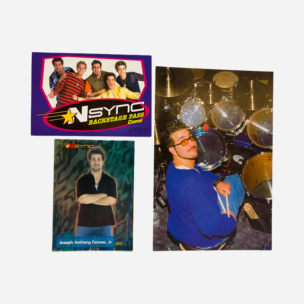 NSYNC 3-Piece Set – Joey Fatone Playing Drums Blue Sweater 4x6 Photo, Backstage Pass, Trading Card #5 2000