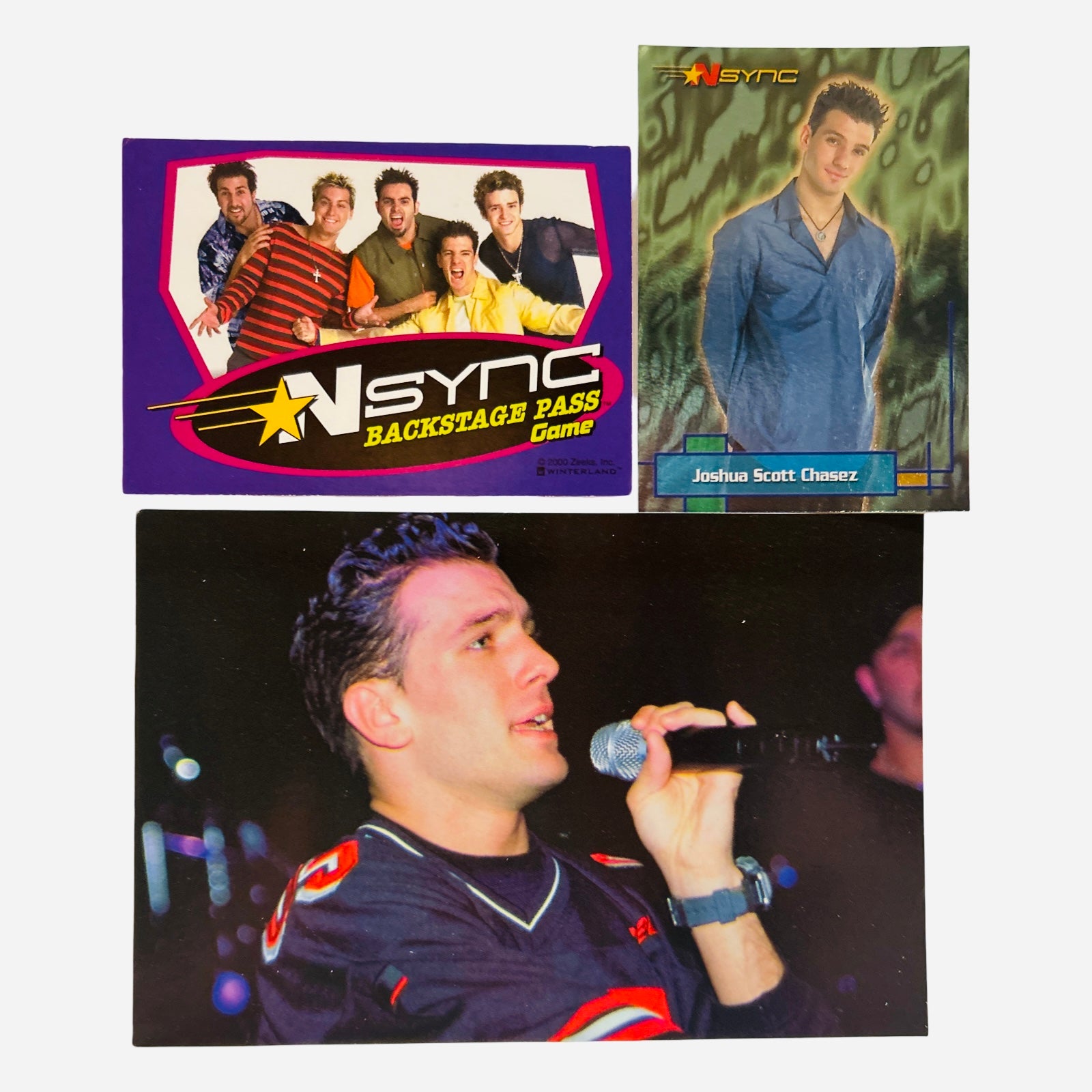 NSYNC 3-Piece Set – JC Chasez 4x6 Stage Photo Singing Microphone, Backstage Pass, Trading Card #6 2000
