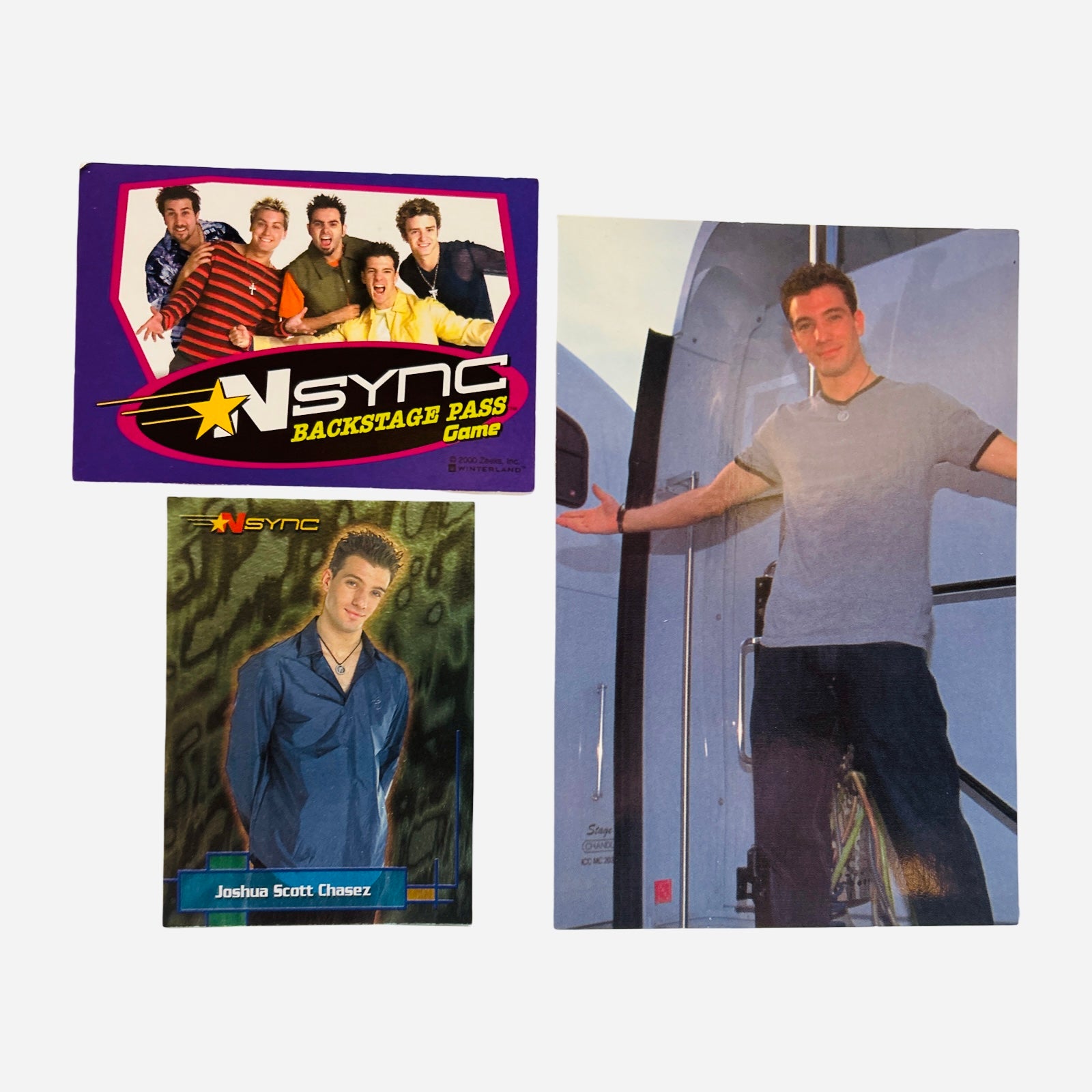 NSYNC 3-Piece Set – JC Chasez 4x6 Tour Bus Photo Grey Tee Arms Outstretched, Backstage Pass, Trading Card #6 2000