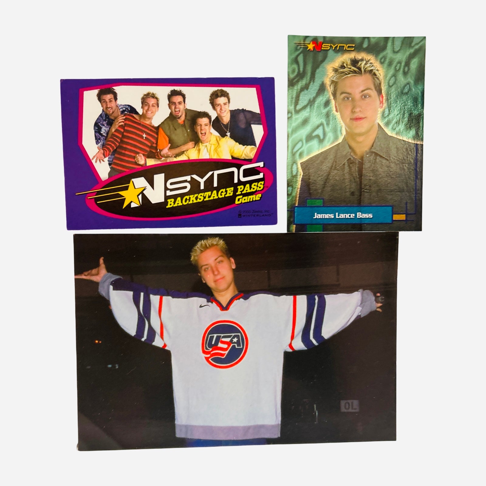 NSYNC 3-Piece Set – Lance Bass 4x6 USA Hockey Jersey Photo Arms Spread, Backstage Pass, Trading Card #7 2000