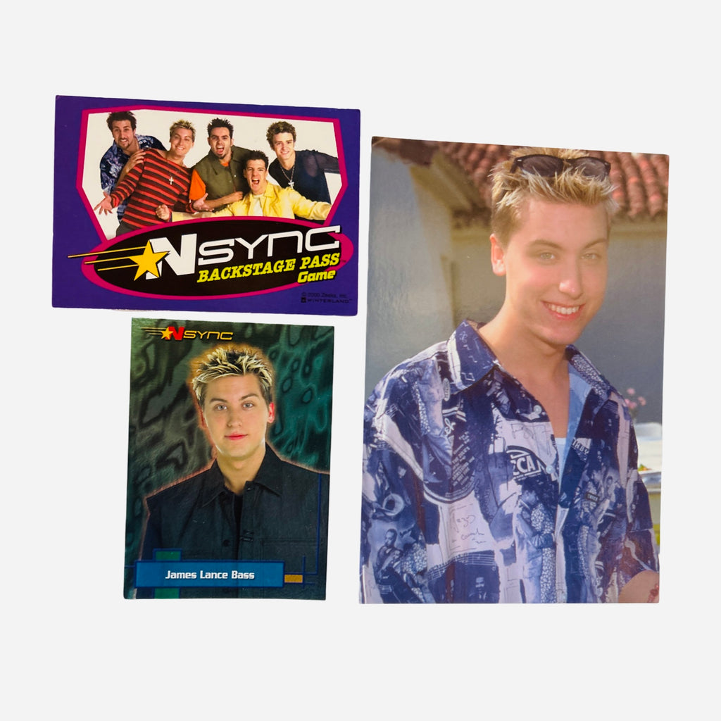 NSYNC 3-Piece Set – Lance Bass 4x6 Outdoor Smile Blue Printed Shirt Sunglasses, Backstage Pass, Trading Card #7 2000