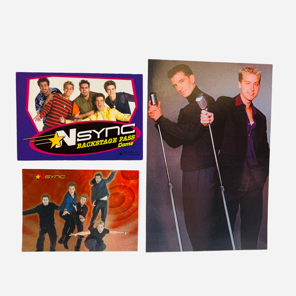 NSYNC 3-Piece Set – JC Chasez Lance Bass 4x6 Duo Photo Black Suits Vintage Microphones, Backstage Pass, Trading Card #8 2000