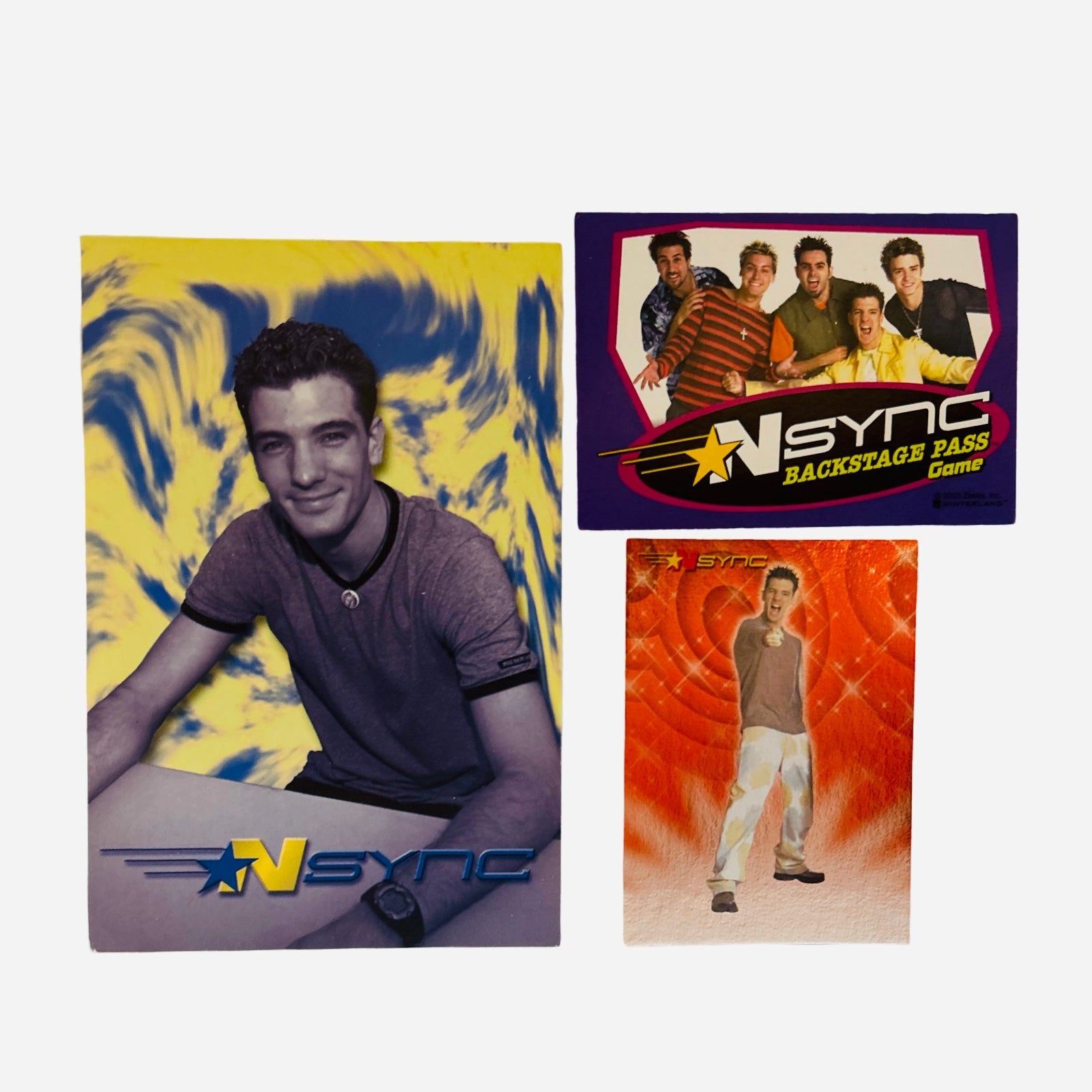 NSYNC 3-Piece Set – JC Chasez 4x6 Yellow Blue Swirl Background Photo Smiling, Backstage Pass, Trading Card #9 JC's Faves 2000