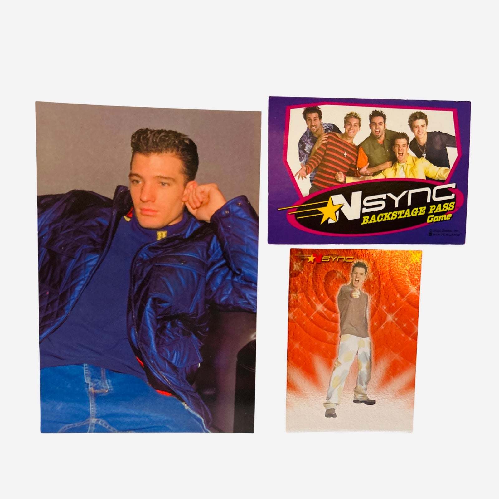 NSYNC 3-Piece Set – JC Chasez 4x6 Blue Satin Jacket Seated Brooding Photo, Backstage Pass, Trading Card #9 JC's Faves 2000