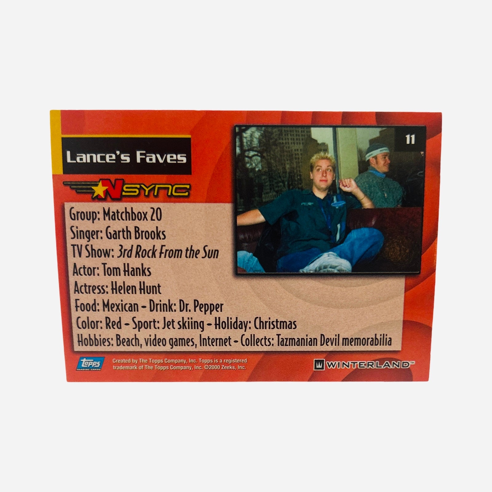 NSYNC Trading Card #11 Back – Lance's Faves List Matchbox 20 Garth Brooks Tom Hanks Tazmanian Devil 2000 Topps Winterland