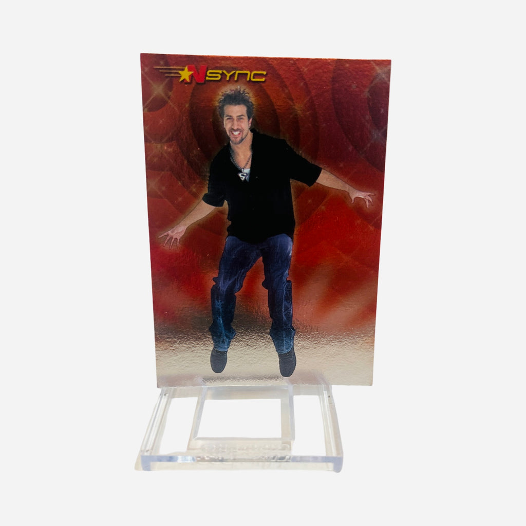 NSYNC Trading Card #13 Front – Joey Fatone Black Shirt Blue Jeans Jumping Red Swirl Background 2000 Topps Winterland