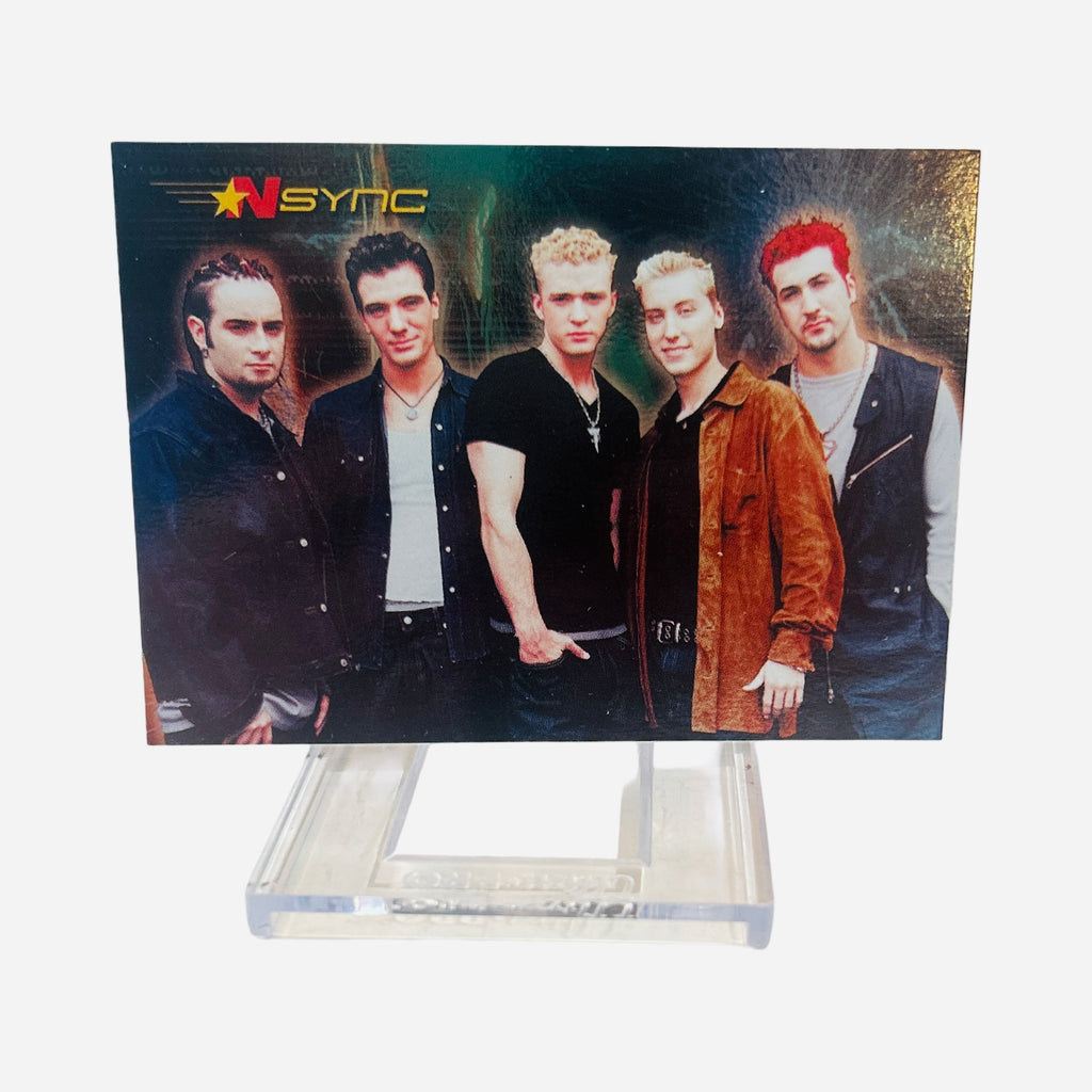 NSYNC Trading Card #14 Front – All Five Members Moody Dark Teal Gold Atmospheric Shot Chris Red Hair Joey Brown Suede Jacket 2000 Topps Winterland