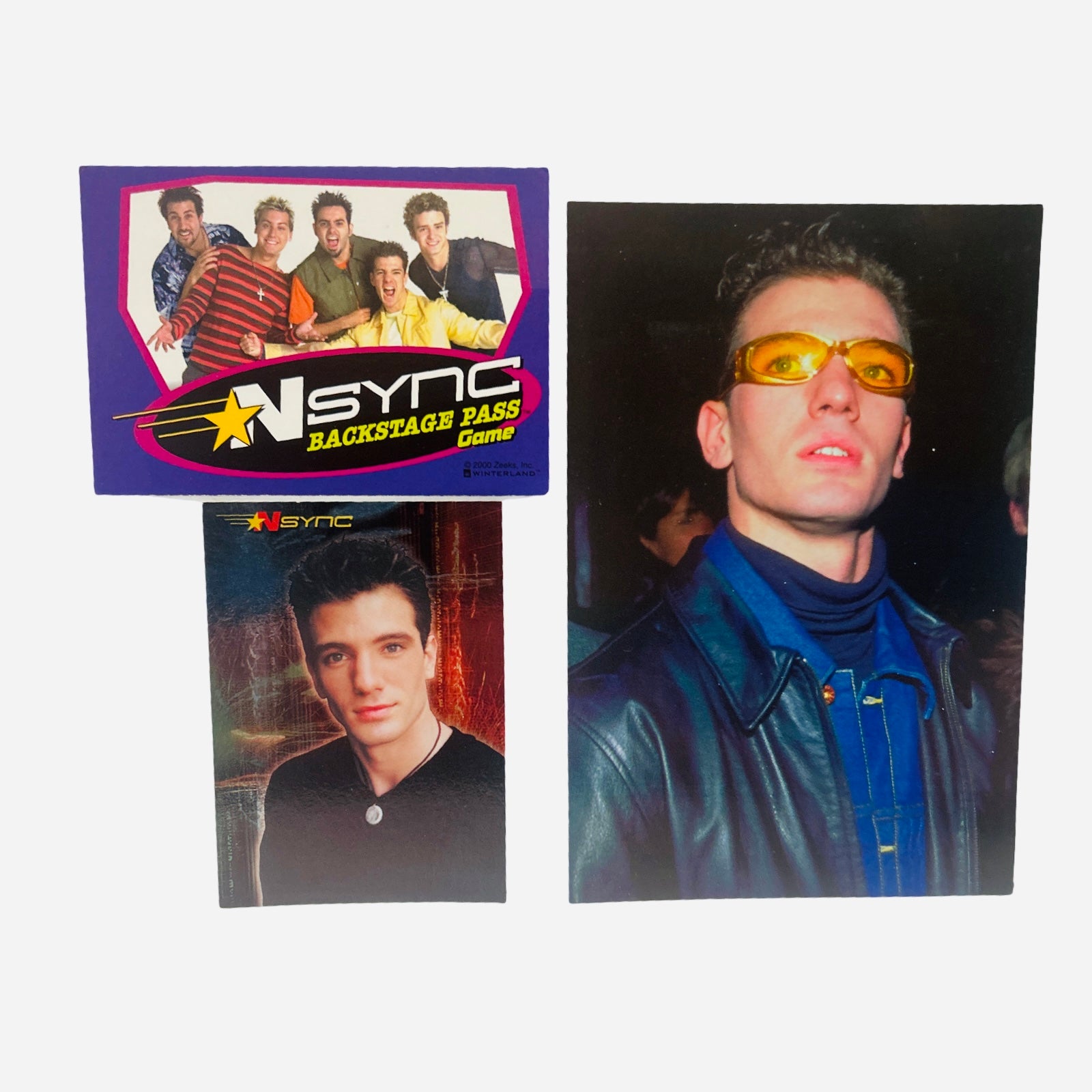 NSYNC 3-Piece Set – 4x6 JC Chasez Blue Leather Jacket Amber Sunglasses, Backstage Pass Game Card, Trading Card #19 JC Black V-Neck Coin Necklace 2000 Topps Winterland