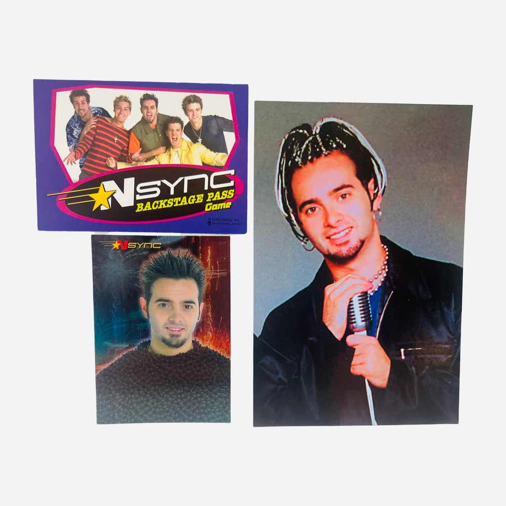 NSYNC 3-Piece Set – 4x6 Chris Kirkpatrick Black Leather Jacket Silver Chain Microphone, Backstage Pass Game Card, Trading Card #18 Chris Spiky Hair Goatee Black Turtleneck 2000 Topps Winterland