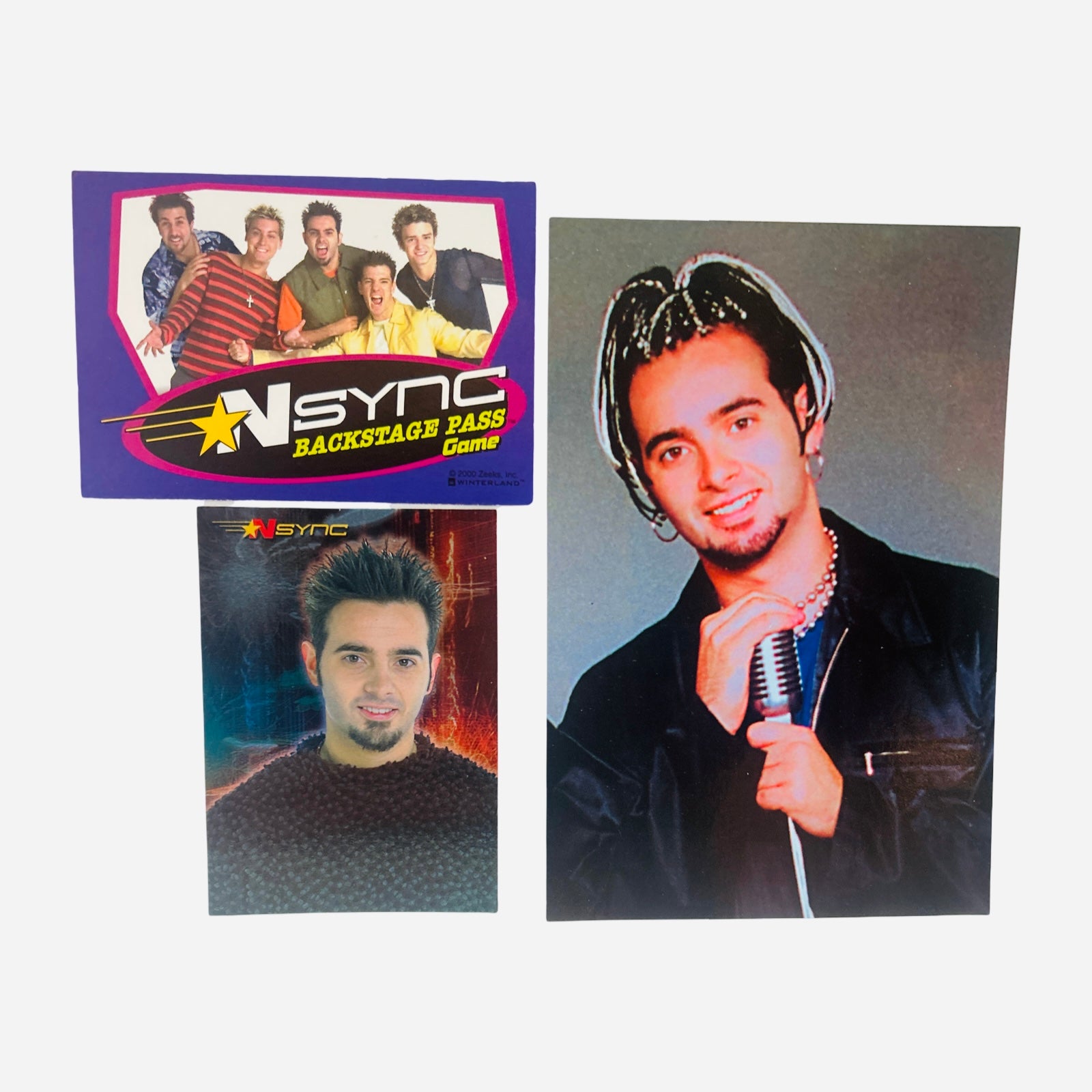 NSYNC 3-Piece Set – 4x6 Chris Kirkpatrick Black Leather Jacket Silver Chain Microphone, Backstage Pass Game Card, Trading Card #18 Chris Spiky Hair Goatee Black Turtleneck 2000 Topps Winterland