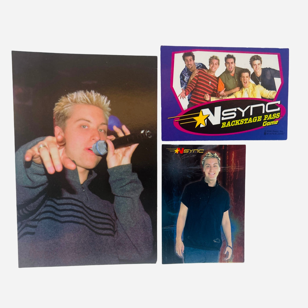 NSYNC 3-Piece Set – 4x6 Lance Bass Stage Photo Blue Satin Military Jacket Microphone, Backstage Pass Game Card, Trading Card #16 Lance Black Polo Frosted Tips 2000 Topps Winterland