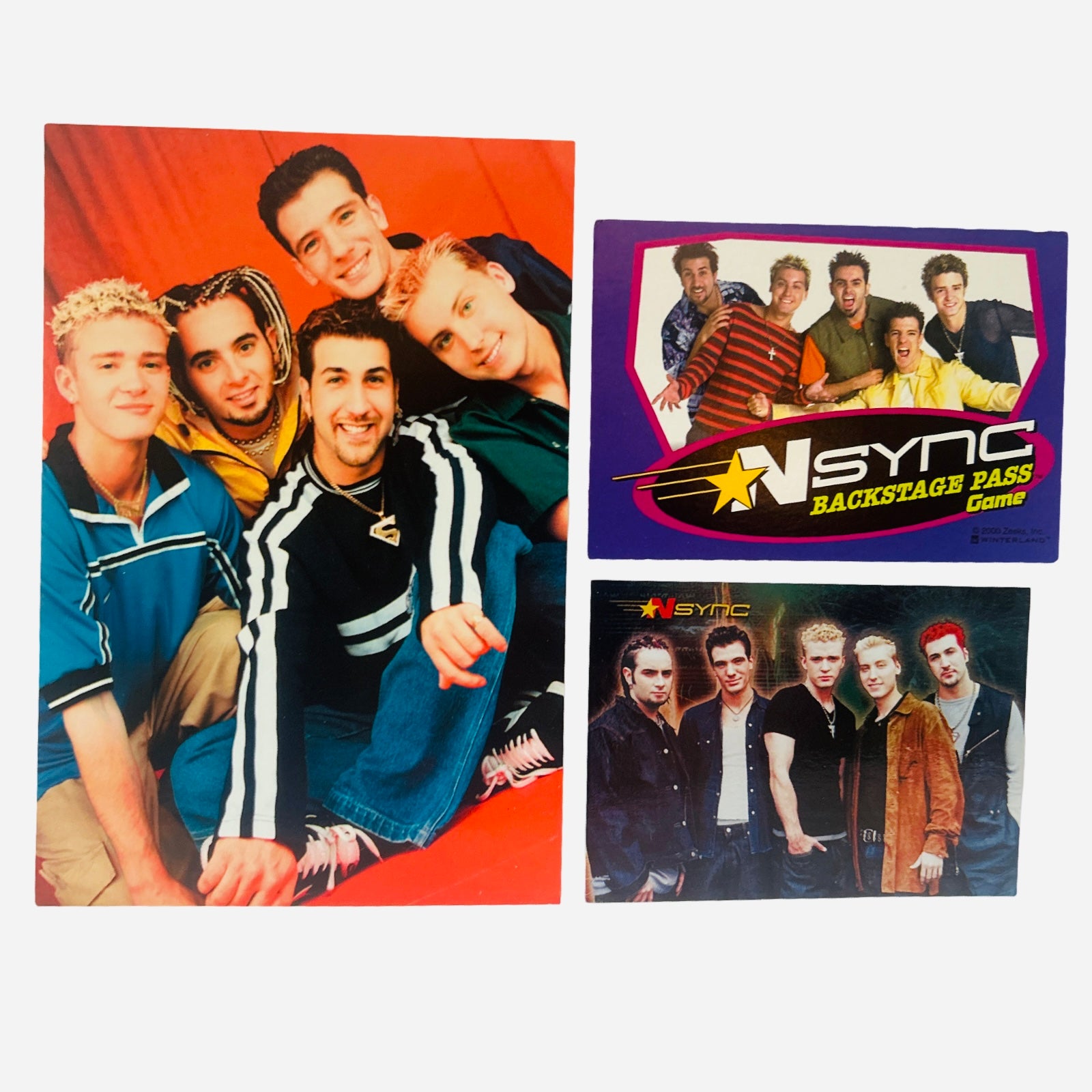 NSYNC 3-Piece Set – 4x6 Group Photo All Five Members Red Backdrop, Backstage Pass Game Card, Trading Card #14 Hop On The Bus Moody Dark Group Shot 2000 Topps Winterland