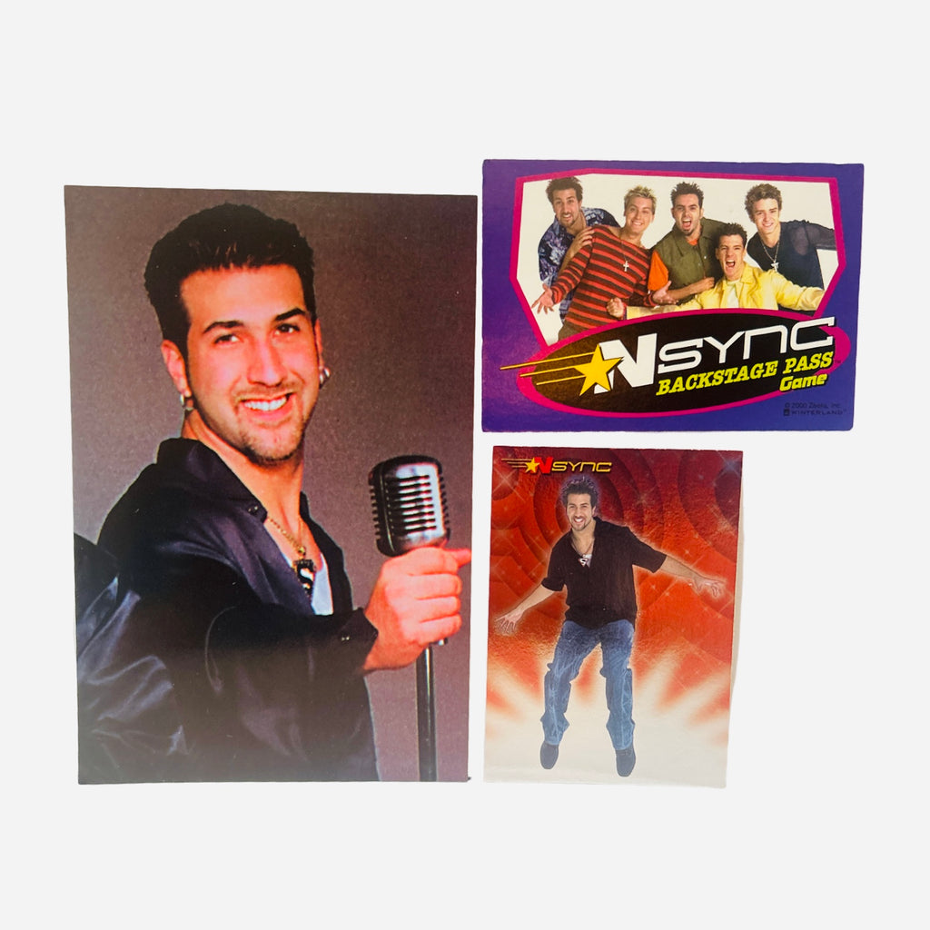 NSYNC 3-Piece Set – 4x6 Joey Fatone Portrait Leather Jacket Microphone, Backstage Pass Game Card, Trading Card #13 Joey Faves Black Shirt Blue Jeans Jump 2000 Topps Winterland