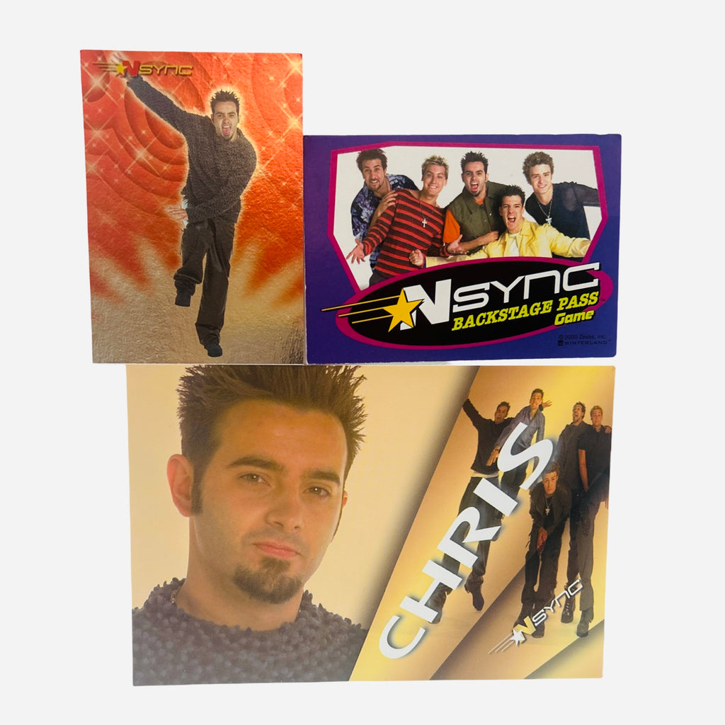 NSYNC 3-Piece Set – Trading Card #12 Chris All-Black Jump Tongue Out, Backstage Pass Game Card, 4x6 Chris Photo Card Dual Panel 2000 Topps Winterland