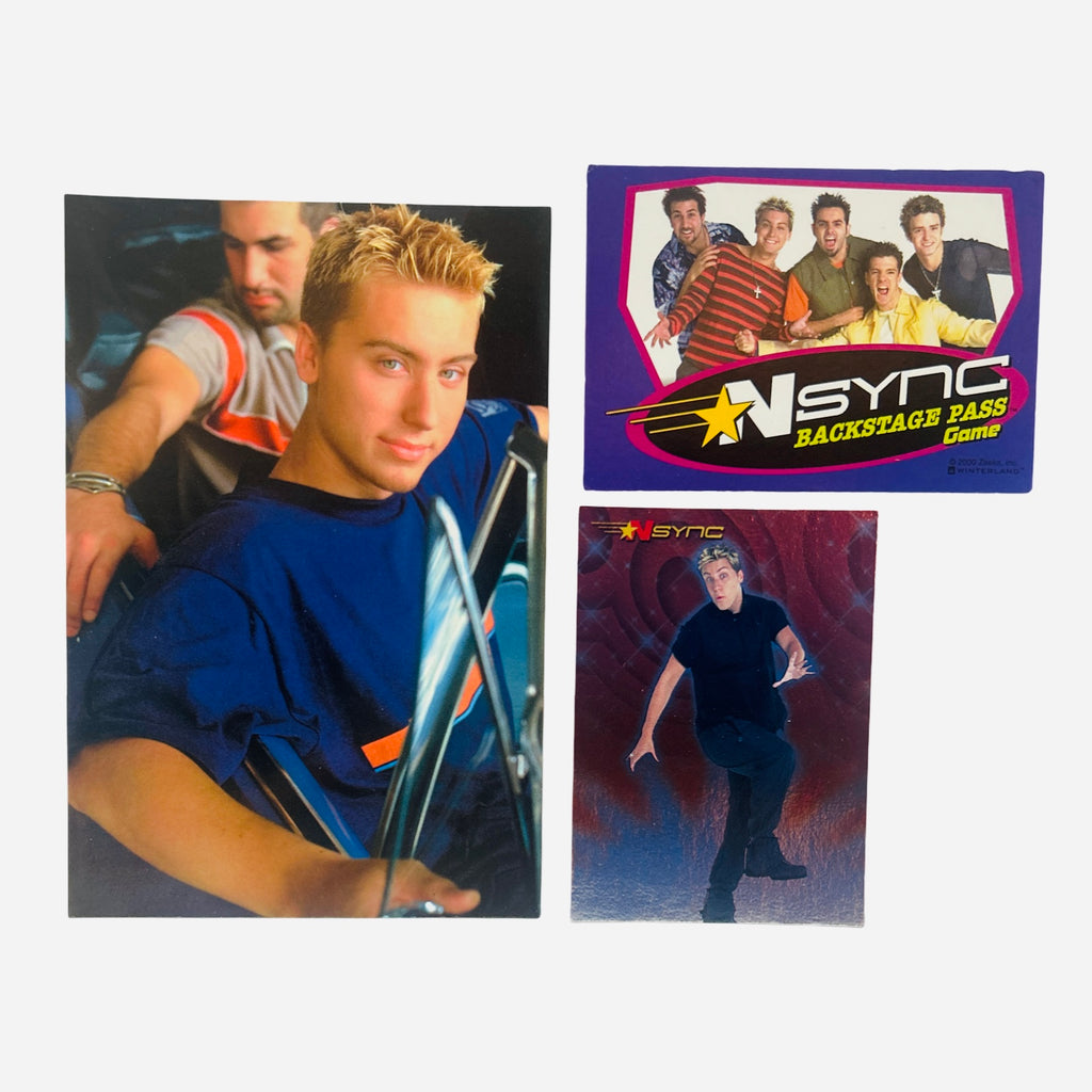 NSYNC 3-Piece Set – 4x6 Group Photo Lance Chris Candid, Backstage Pass Game Card, Trading Card #11 Lance Faves All-Black Dance Pose 2000 Topps Winterland