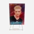 NSYNC Trading Card #22 Front – Justin Timberlake Bleached Curly Hair Black V-Neck Silver Chain Necklace Red Blue Atmospheric Background 2000 Topps Winterland