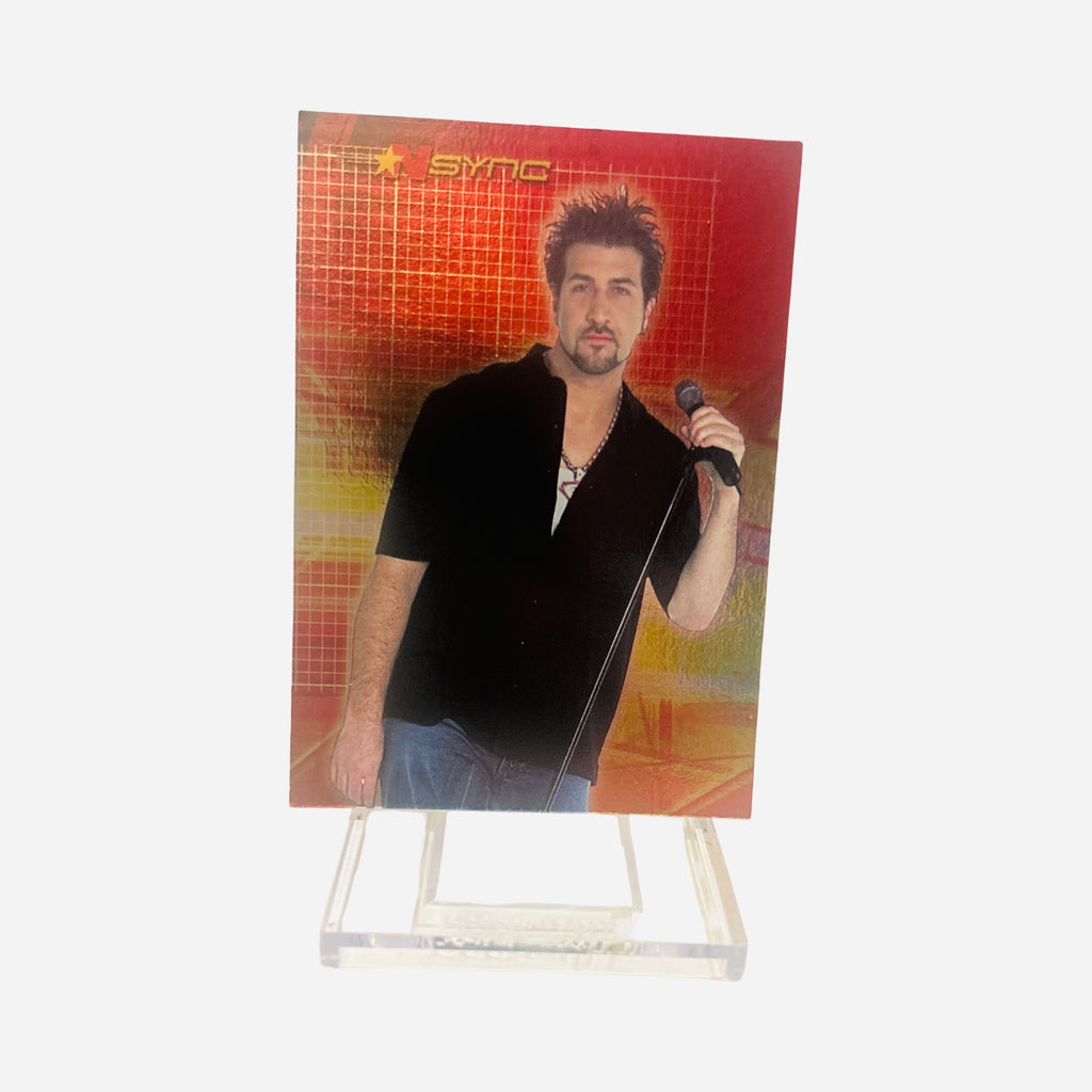 NSYNC Trading Card #27 Front – Joey Fatone Spiky Dark Hair Open Black Shirt Chain Necklace Microphone Red Gold Grid Background 2000 Topps Winterland