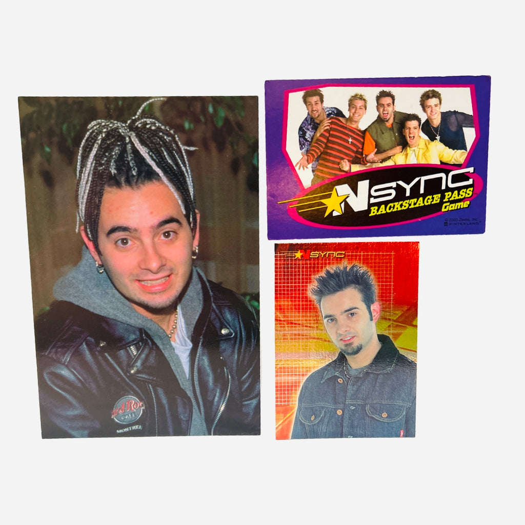 NSYNC 3-Piece Set – 4x6 Chris Kirkpatrick Silver-Streaked Box Braids Black Leather Jacket Hard Rock Cafe Montreal Pin Hoop Earring Warm Smile, Backstage Pass Game Card, Trading Card #30 Chris Dark Denim Jacket 2000 Topps Winterland
