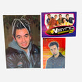 NSYNC 3-Piece Set – 4x6 Chris Kirkpatrick Silver-Streaked Box Braids Black Leather Jacket Hard Rock Cafe Montreal Pin Hoop Earring Warm Smile, Backstage Pass Game Card, Trading Card #30 Chris Dark Denim Jacket 2000 Topps Winterland