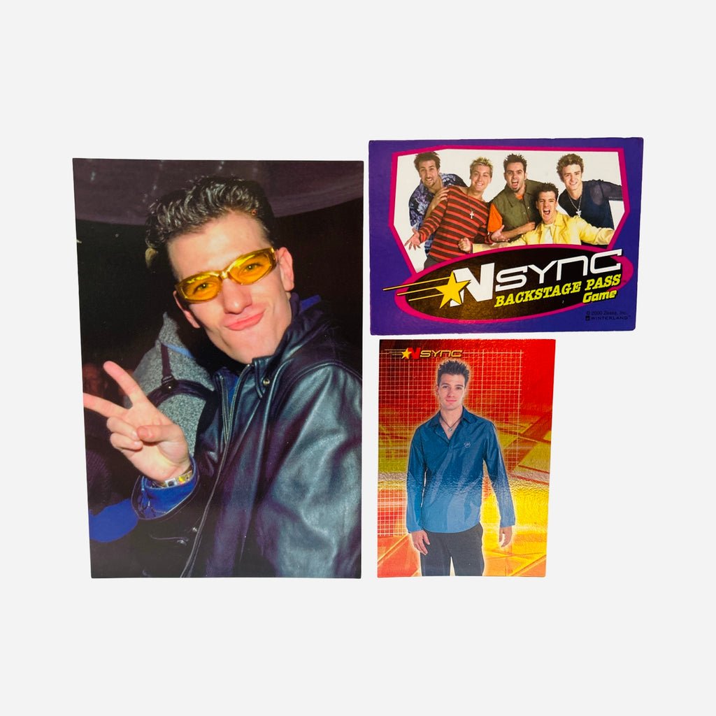 NSYNC 3-Piece Set – 4x6 JC Chasez Black Leather Jacket Grey Top Yellow Wraparound Sunglasses Peace Sign Playful Smirk, Backstage Pass Game Card, Trading Card #29 JC Blue Satin Shirt 2000 Topps Winterland