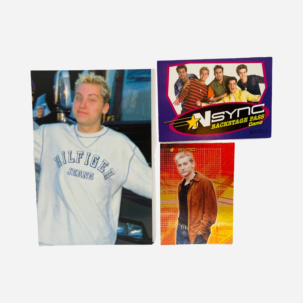NSYNC 3-Piece Set – 4x6 Lance Bass White Hilfiger Jeans Sweatshirt Frosted Spiky Tips Relaxed Beside Dark Vehicle, Backstage Pass Game Card, Trading Card #28 Lance Rust Suede Jacket 2000 Topps Winterland