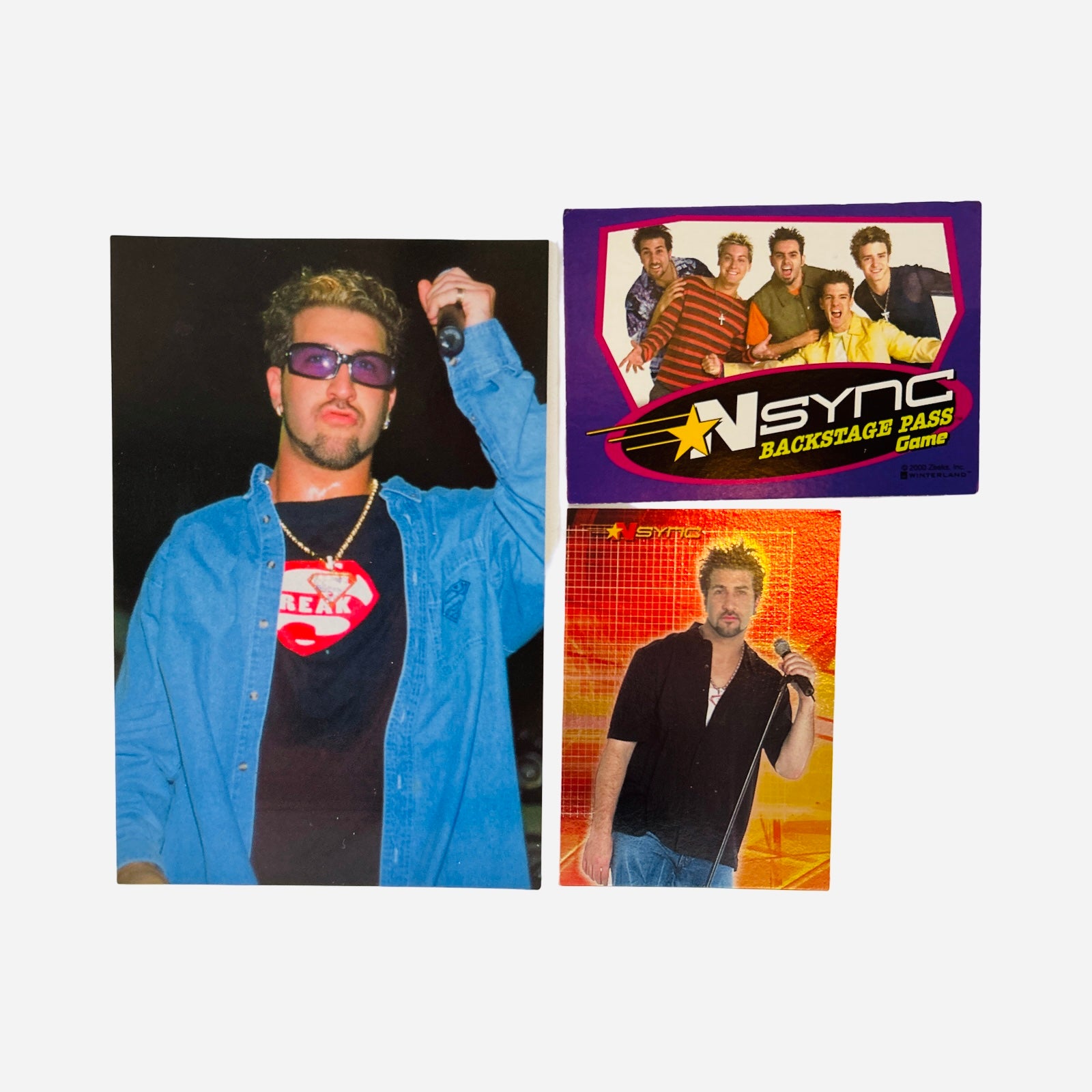 NSYNC 3-Piece Set – 4x6 Joey Fatone Blue Denim Jacket Freak Superman Tee Purple Shades Silver Chain Fist Raised Microphone, Backstage Pass Game Card, Trading Card #27 Joey Black Shirt Mic Red Gold Grid 2000 Topps Winterland