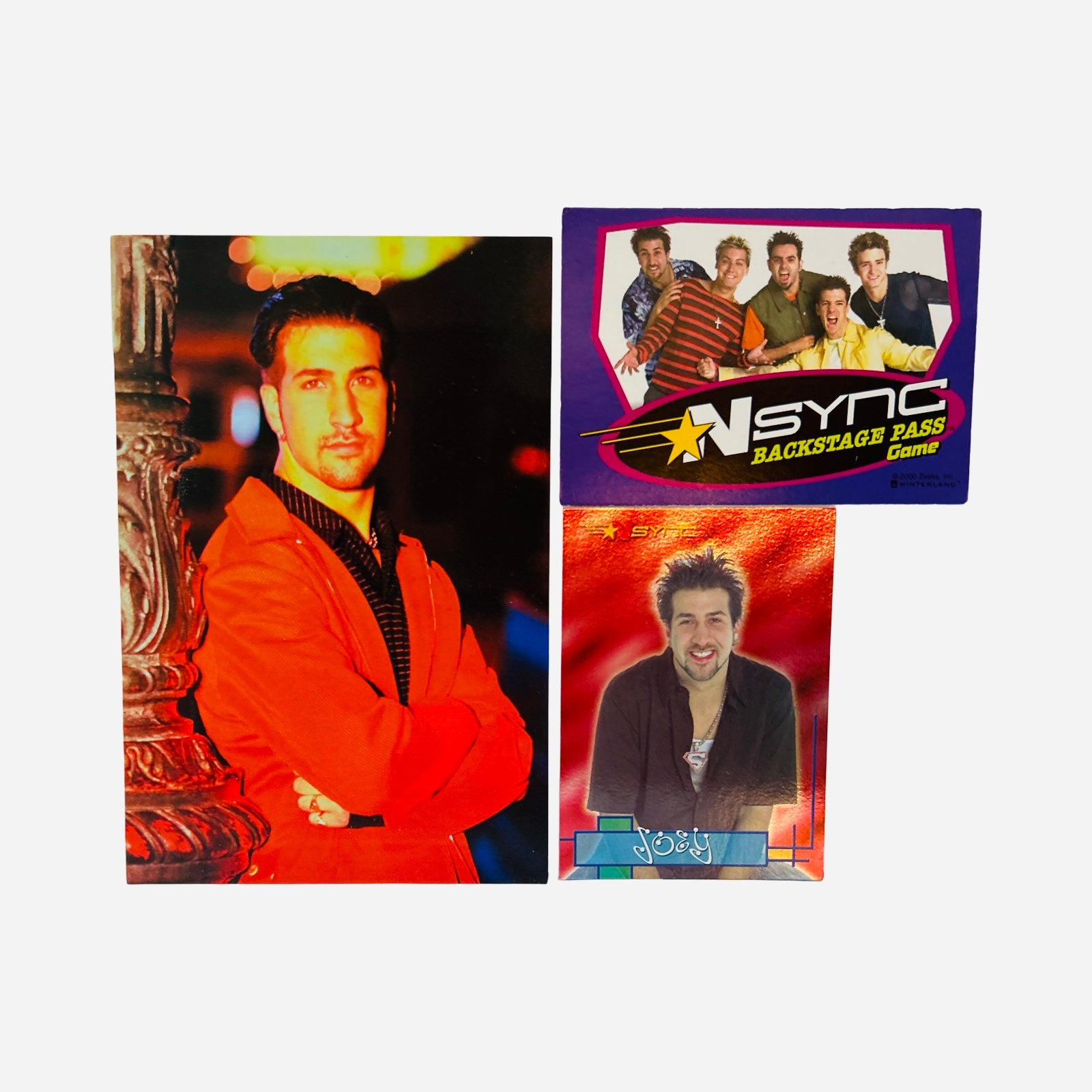 NSYNC 3-Piece Set – 4x6 Joey Fatone Red Blazer Black Pinstripe Shirt Arms Crossed Ornate Lamp Post Bokeh Backdrop, Backstage Pass Game Card, Trading Card #25 Joey Spiky Hair Black Shirt 2000 Topps Winterland