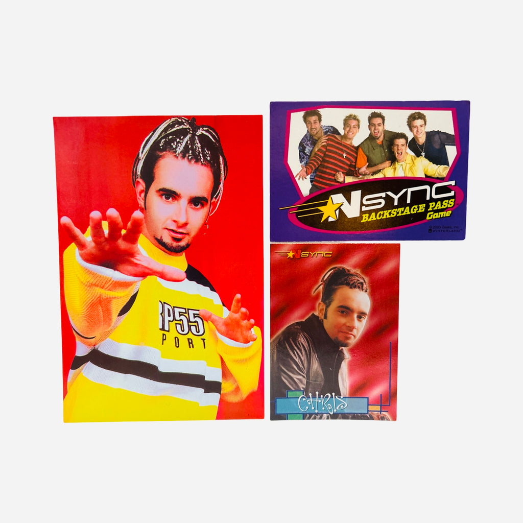 NSYNC 3-Piece Set – 4x6 Chris Kirkpatrick Yellow P55 Sport Sweater Braided Hair Reaching Toward Camera Red Backdrop, Backstage Pass Game Card, Trading Card #24 Chris Leather Jacket Braids 2000 Topps Winterland