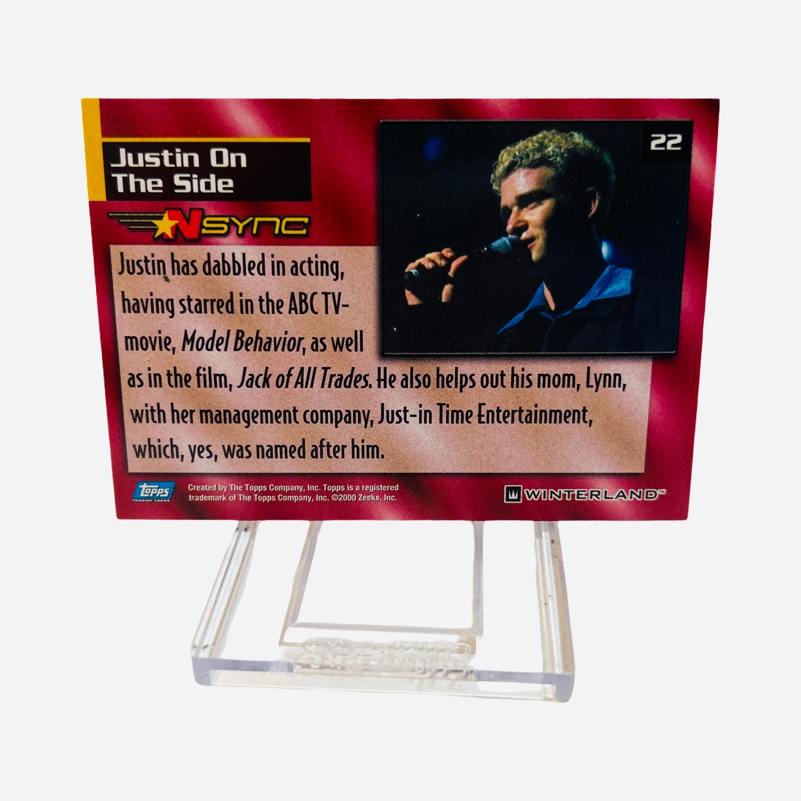 NSYNC Trading Card #22 Back – Justin On The Side Model Behavior Jack of All Trades Just-in Time Entertainment Lynn Timberlake 2000 Topps Winterland