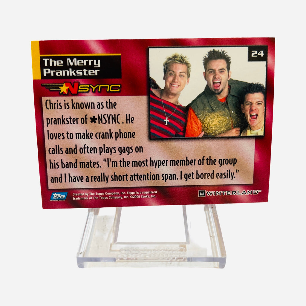 NSYNC Trading Card #24 Back – The Merry Prankster Chris Kirkpatrick Quote Crank Phone Calls Hyper Short Attention Span Bored Easily 2000 Topps Winterland