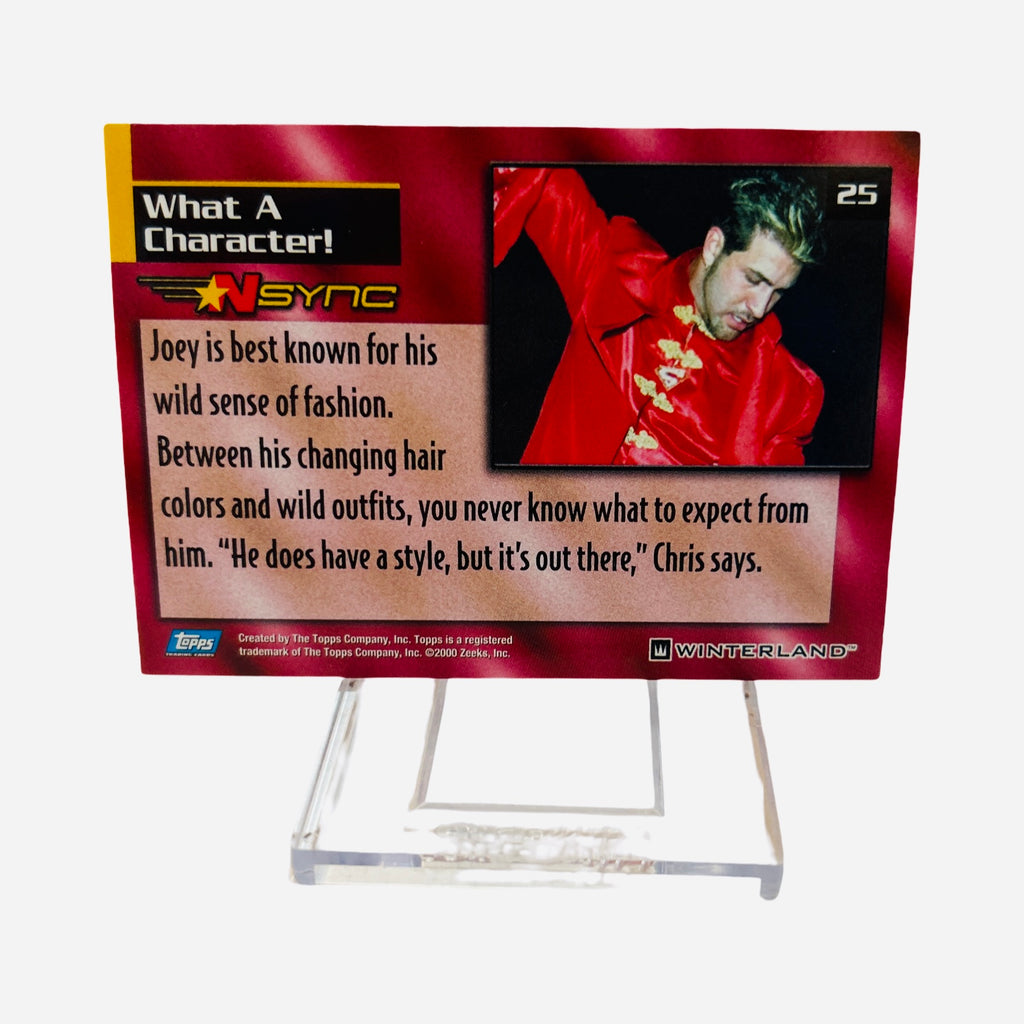NSYNC Trading Card #25 Back – What A Character Joey Fatone Wild Fashion Hair Colors Chris Quote He Does Have A Style But Its Out There Red Satin Jacket 2000 Topps Winterland