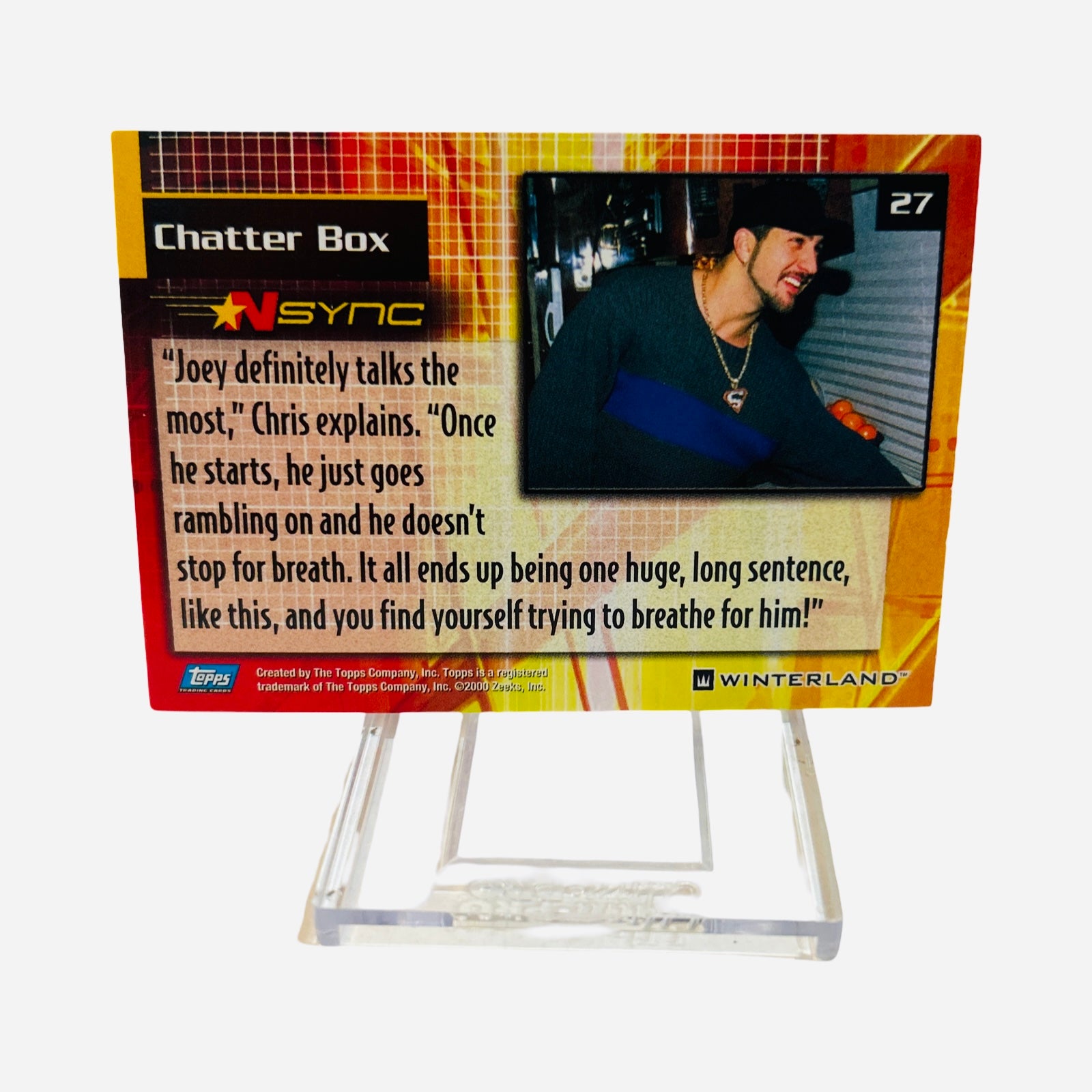 NSYNC Trading Card #27 Back – Chatter Box Joey Fatone Chris Quote Talks Most Rambling One Huge Long Sentence Breathe For Him 2000 Topps Winterland