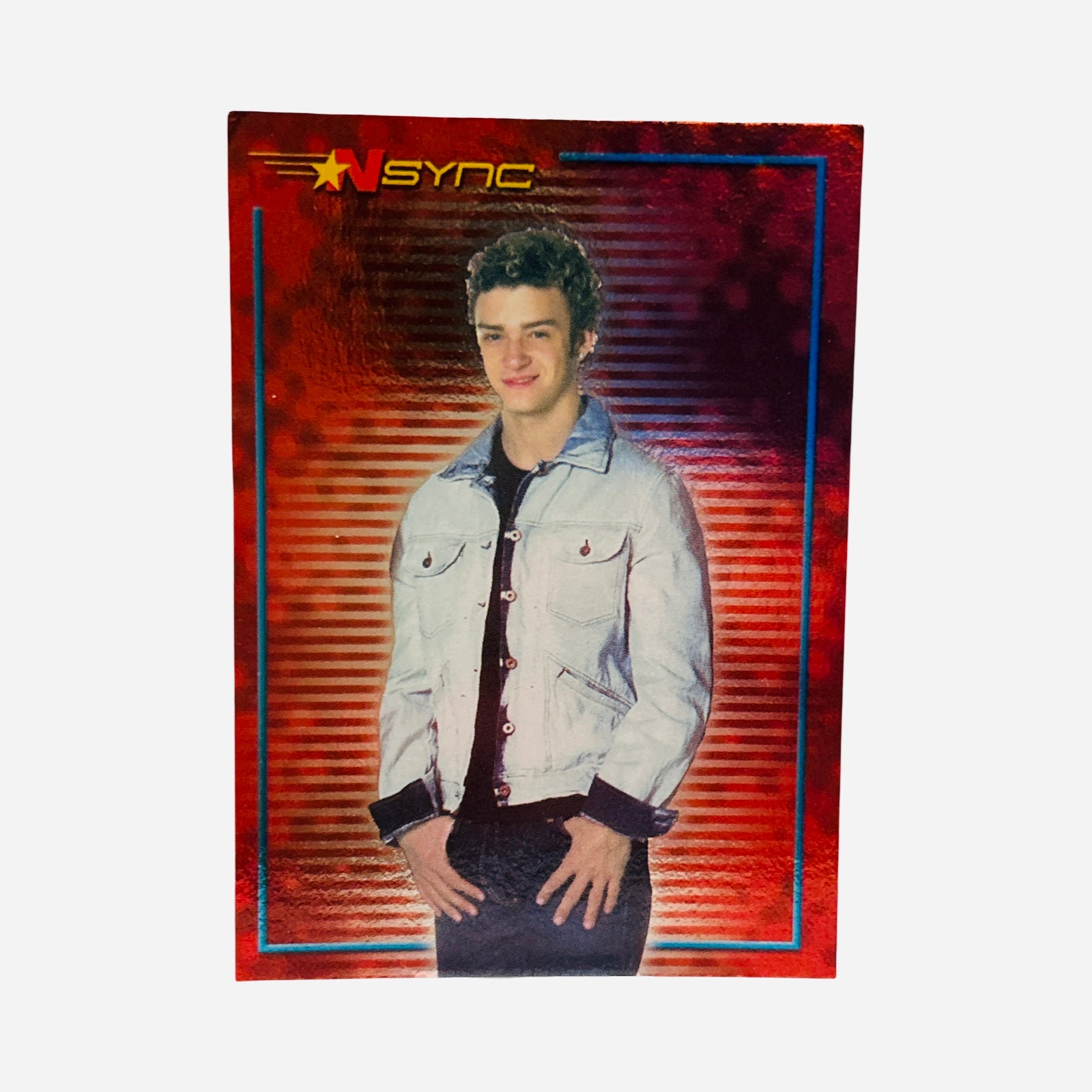 NSYNC #45 Justin Timberlake Trading Card Front – Blue Denim Jacket Red Holographic Topps Winterland 2000