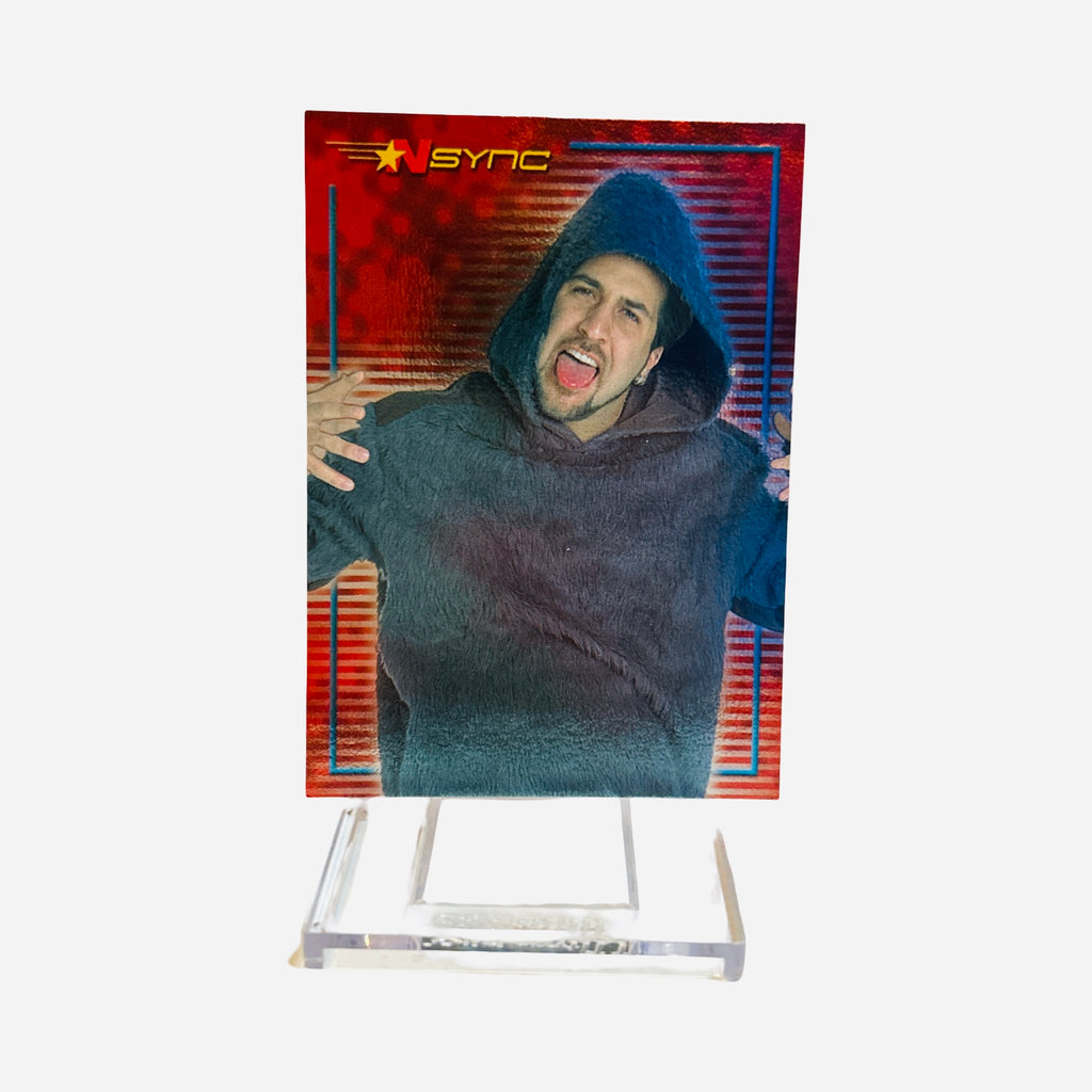 NSYNC Joey Fatone Trading Card #49 Front – Blue Hoodie Arms Wide Red Holographic Topps Winterland 2000