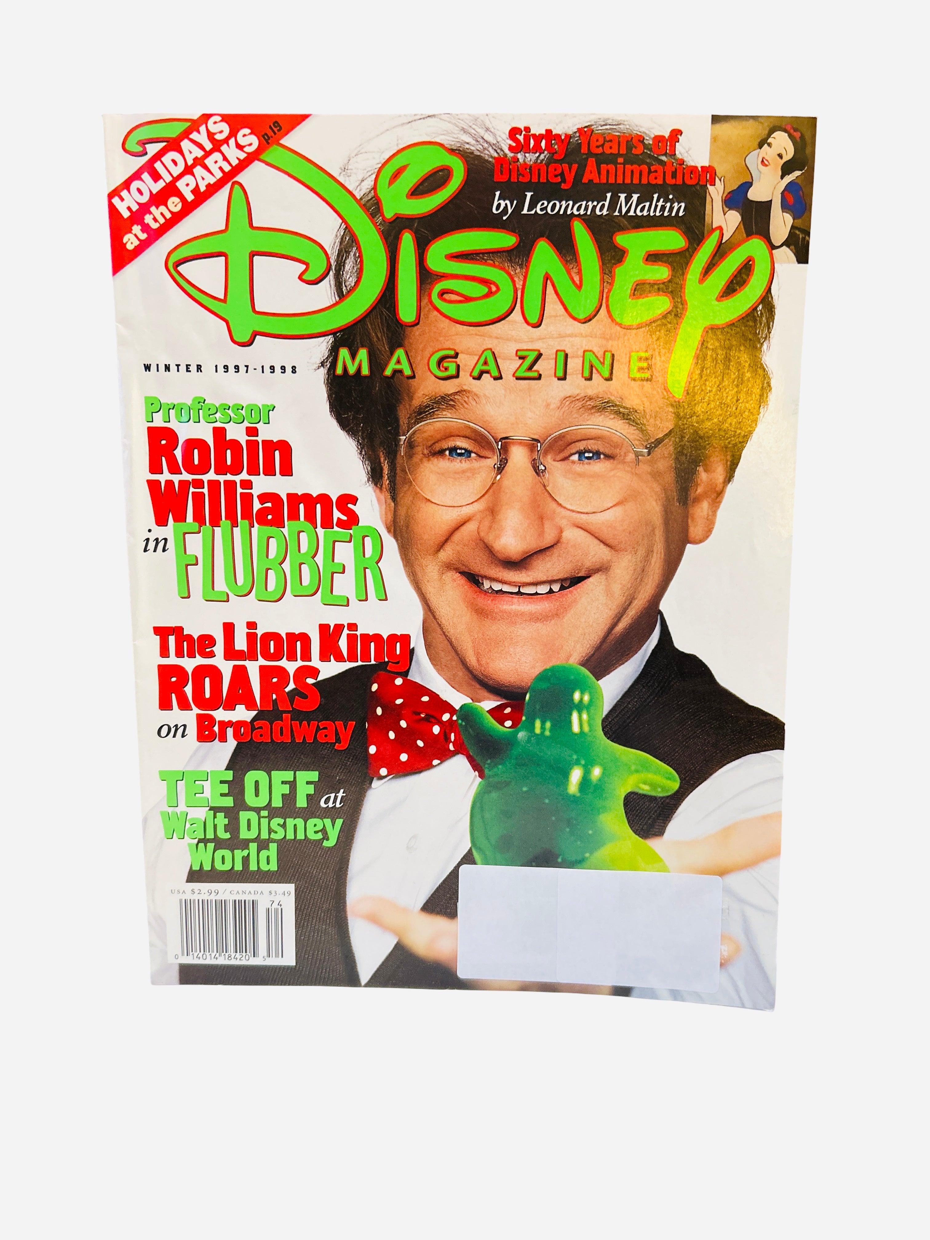 Disney Magazine Winter 1997-1998 - Cover featuring Robin Williams as Professor Flubber holding green Flubber figure