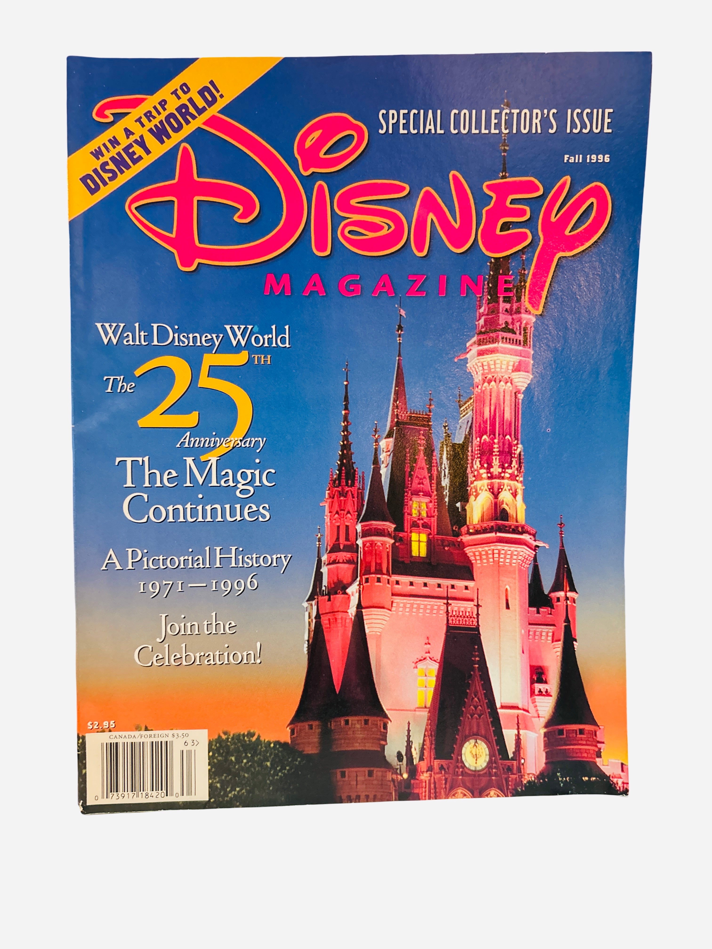 Disney Magazine Fall 1996 Walt Disney World 25th Anniversary Special Collector's Issue - Pink logo variant cover featuring Cinderella Castle at sunset
