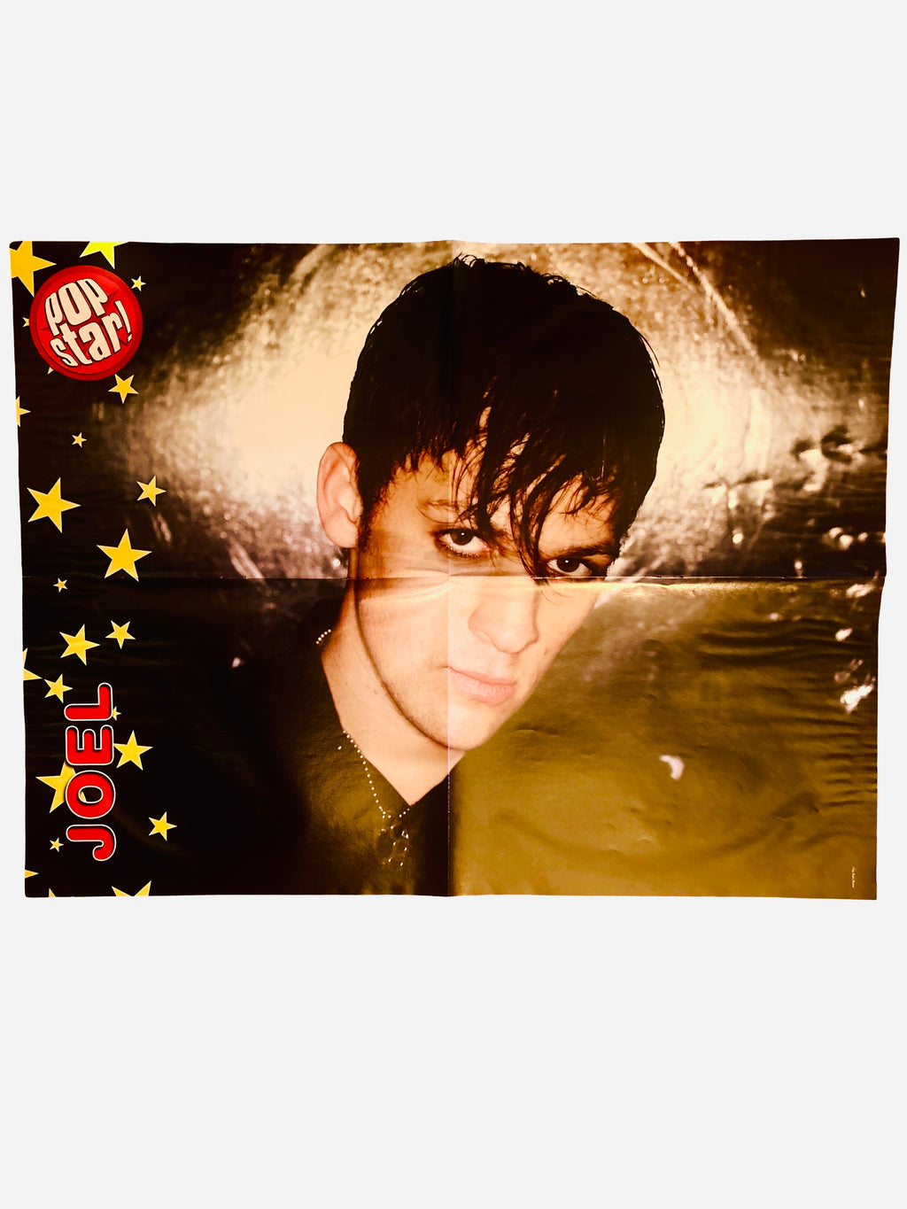 Joel from Good Charlotte Pop Star! Magazine poster - front side featuring Joel with dark hair on gold and black star background