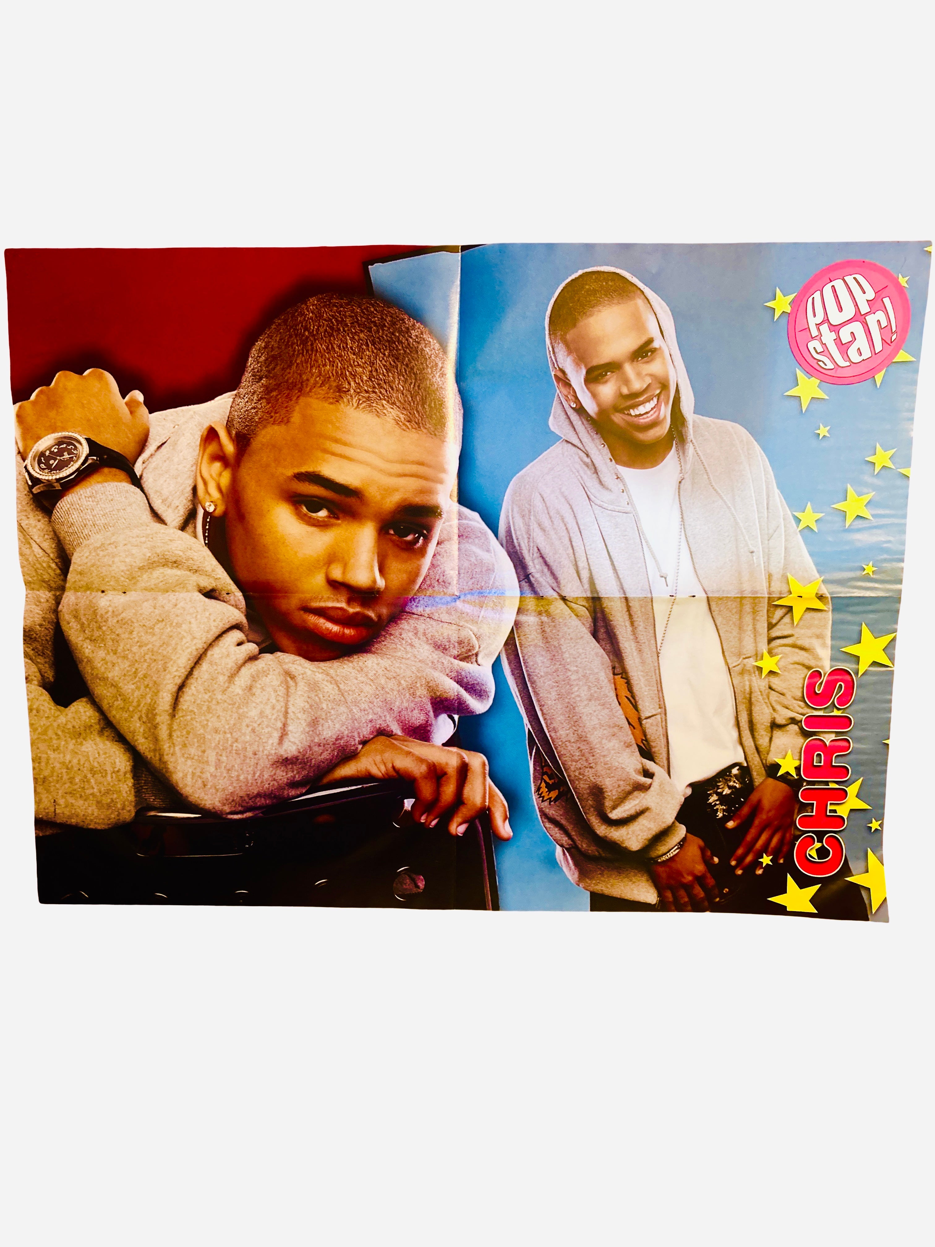 Chris Brown Pop Star! Magazine poster - back side featuring Chris Brown in grey hoodie in dual photo layout on red and blue background