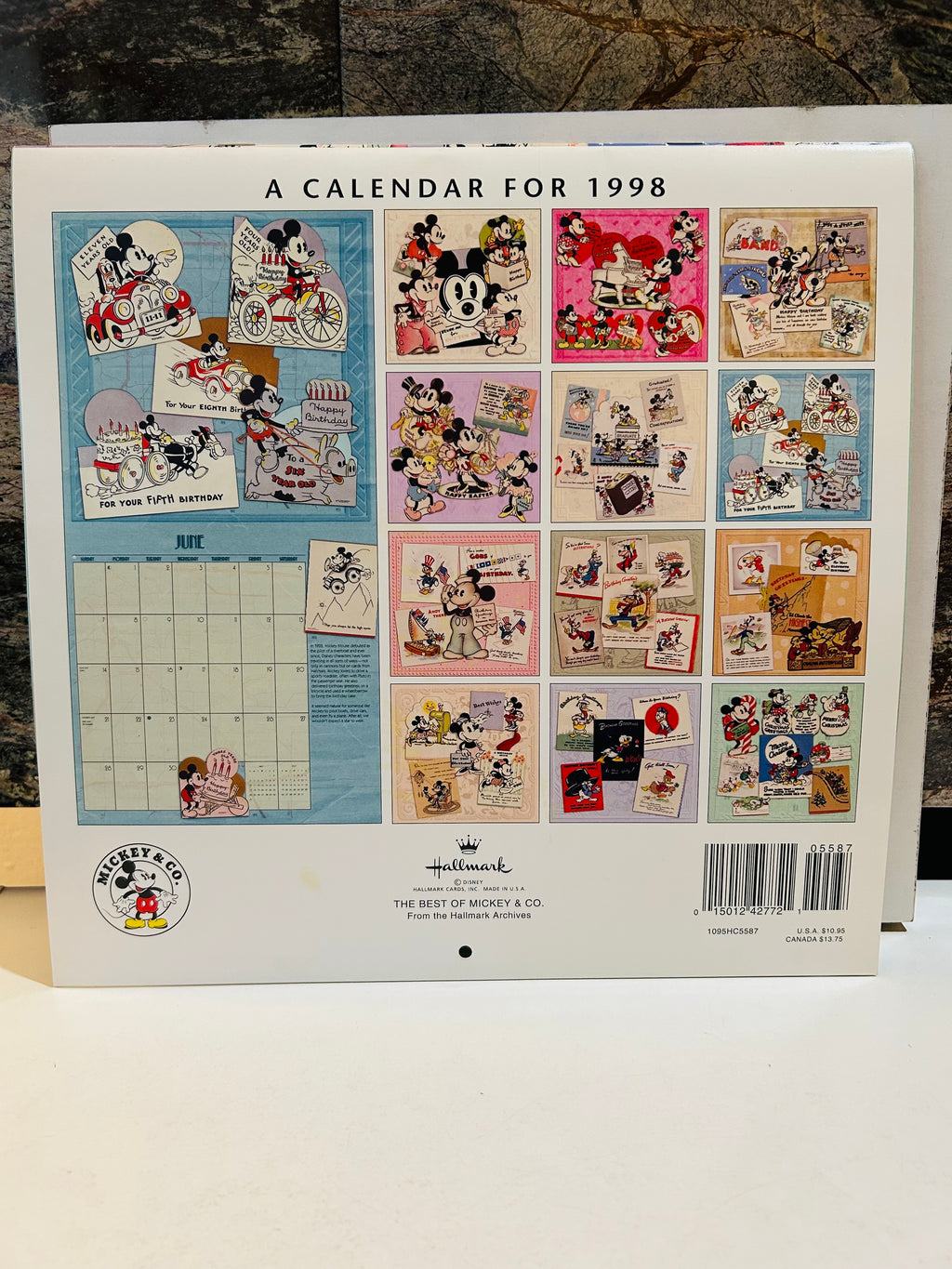 The Best of Mickey & Co. 1998 Calendar back cover – 12 monthly panels of vintage Mickey greeting card scenes, published by Hallmark