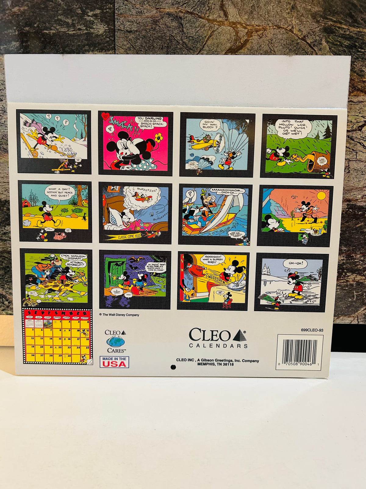 Mickey's Comics A 1993 Calendar back cover – 12 classic Mickey Mouse comic strip panels, published by CLEO Calendars