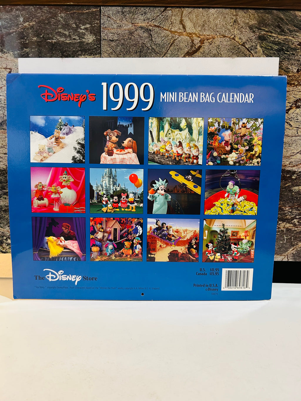 Disney's 1999 Mini Bean Bag Calendar back cover showing 12 monthly bean bag themed scenes