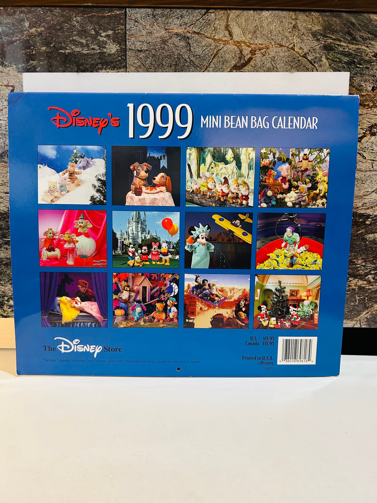 Disney's 1999 Mini Bean Bag Calendar back cover showing 12 monthly bean bag themed scenes