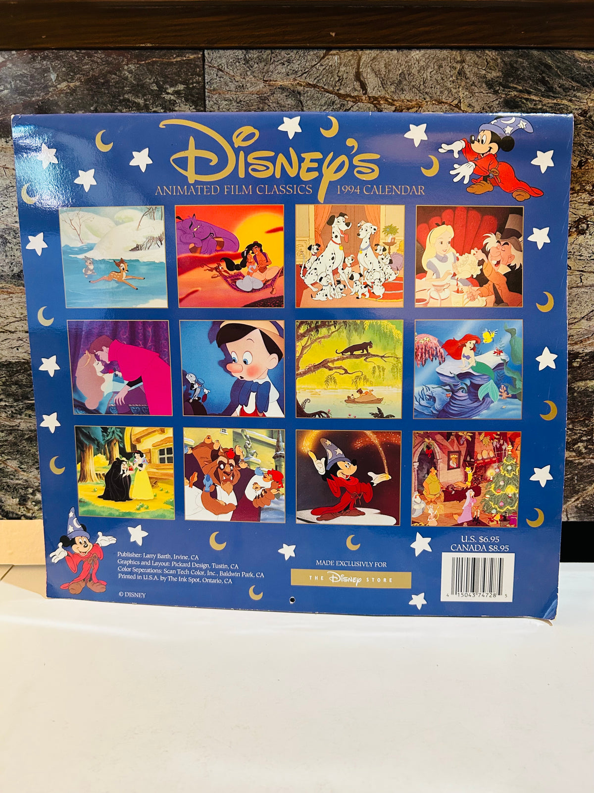 Disney's Animated Film Classics 1994 Calendar back cover showing 12 classic film images