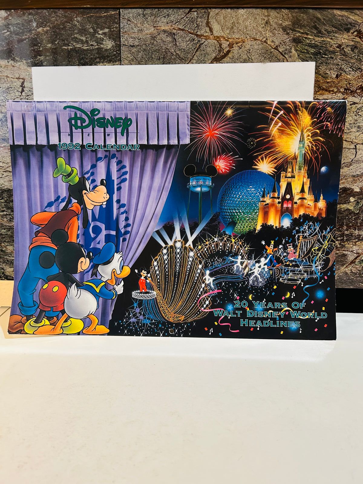 Disney 1992 Calendar front cover – 20 Years of Walt Disney World Headlines featuring Mickey, Goofy, Donald Duck