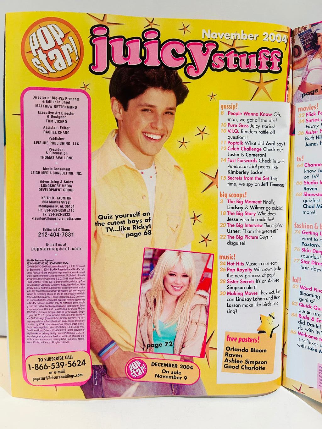 Pop Star! Magazine November 2004 table of contents