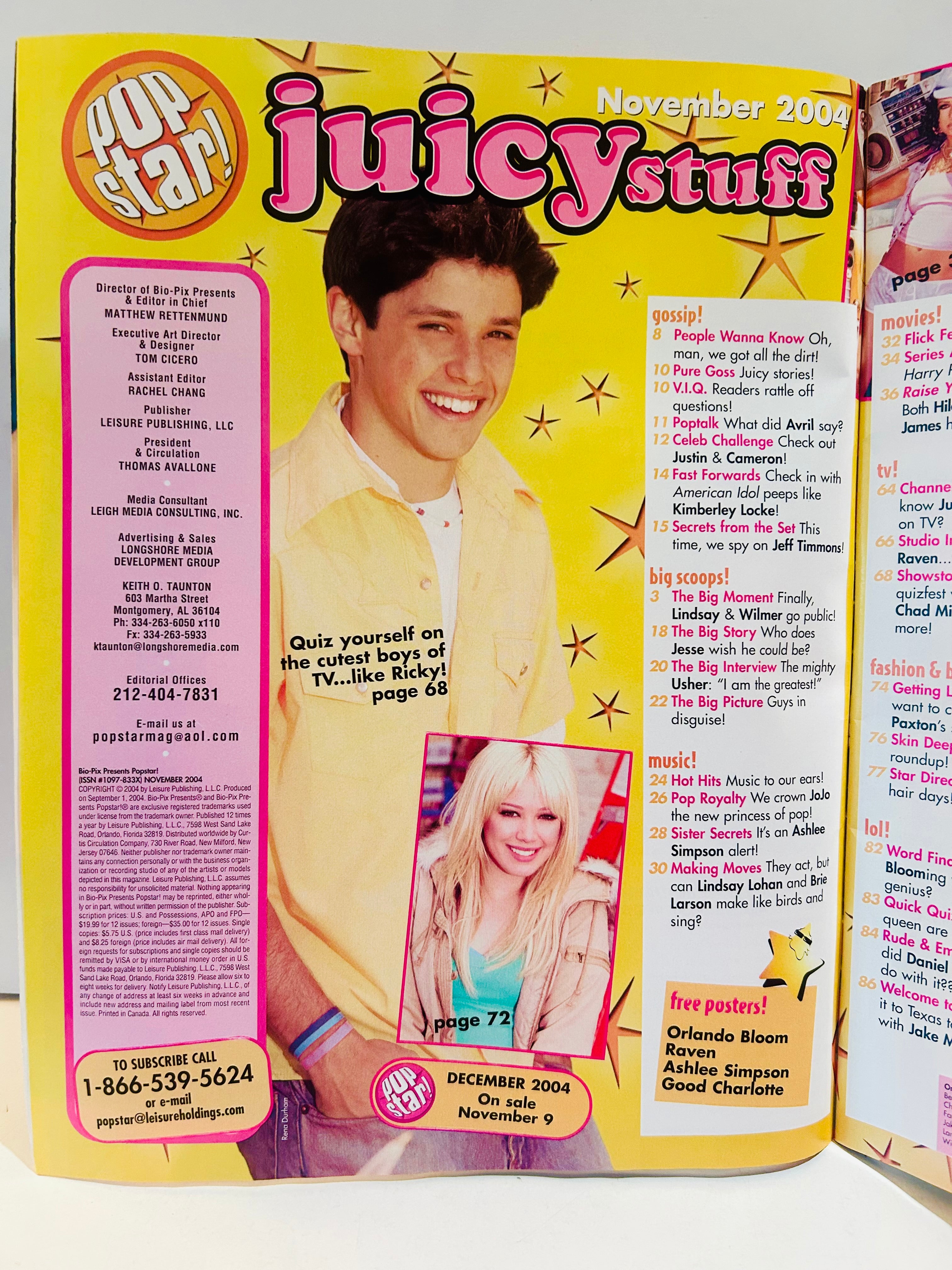 Pop Star! Magazine November 2004 table of contents