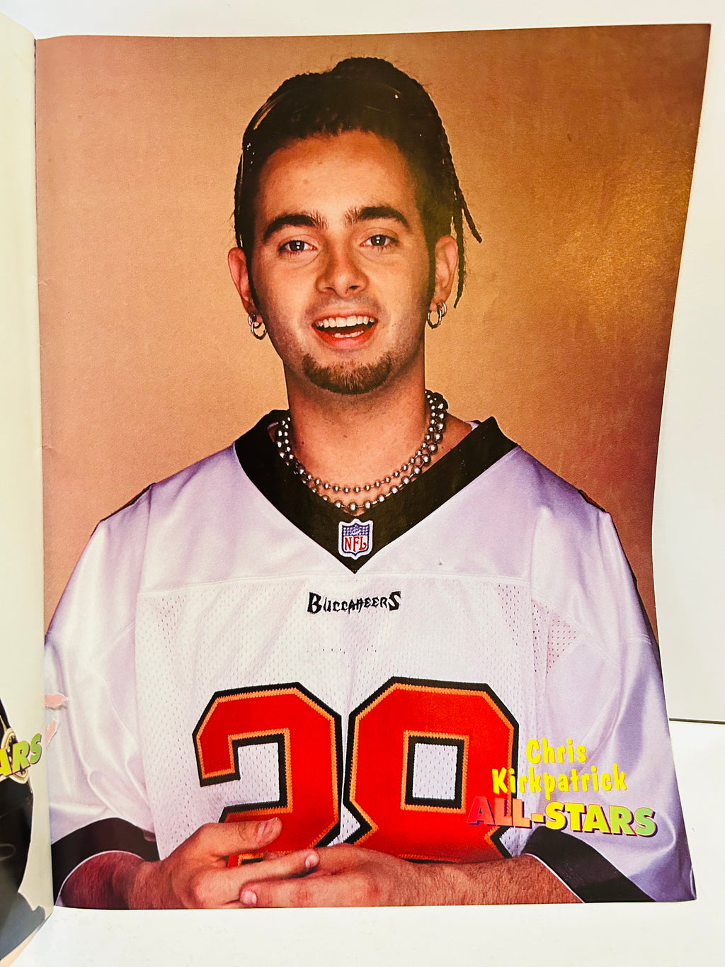 Chris Kirkpatrick NSYNC Buccaneers jersey pin-up front – Teen Beat All-Stars Summer 1999