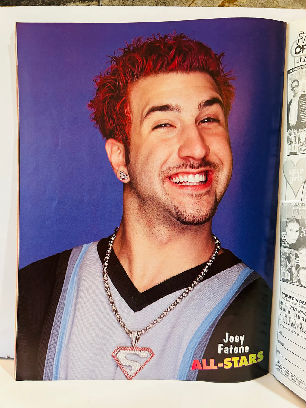 Joey Fatone NSYNC red hair Superman necklace pin-up back – Teen Beat All-Stars Summer 1999
