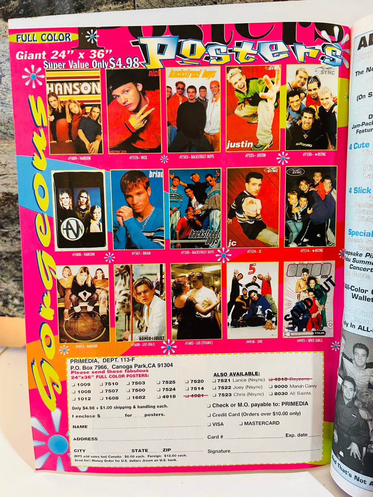 Teen Beat All-Stars Summer 1999 back page poster order form featuring BSB, NSYNC, Hanson, Spice Girls